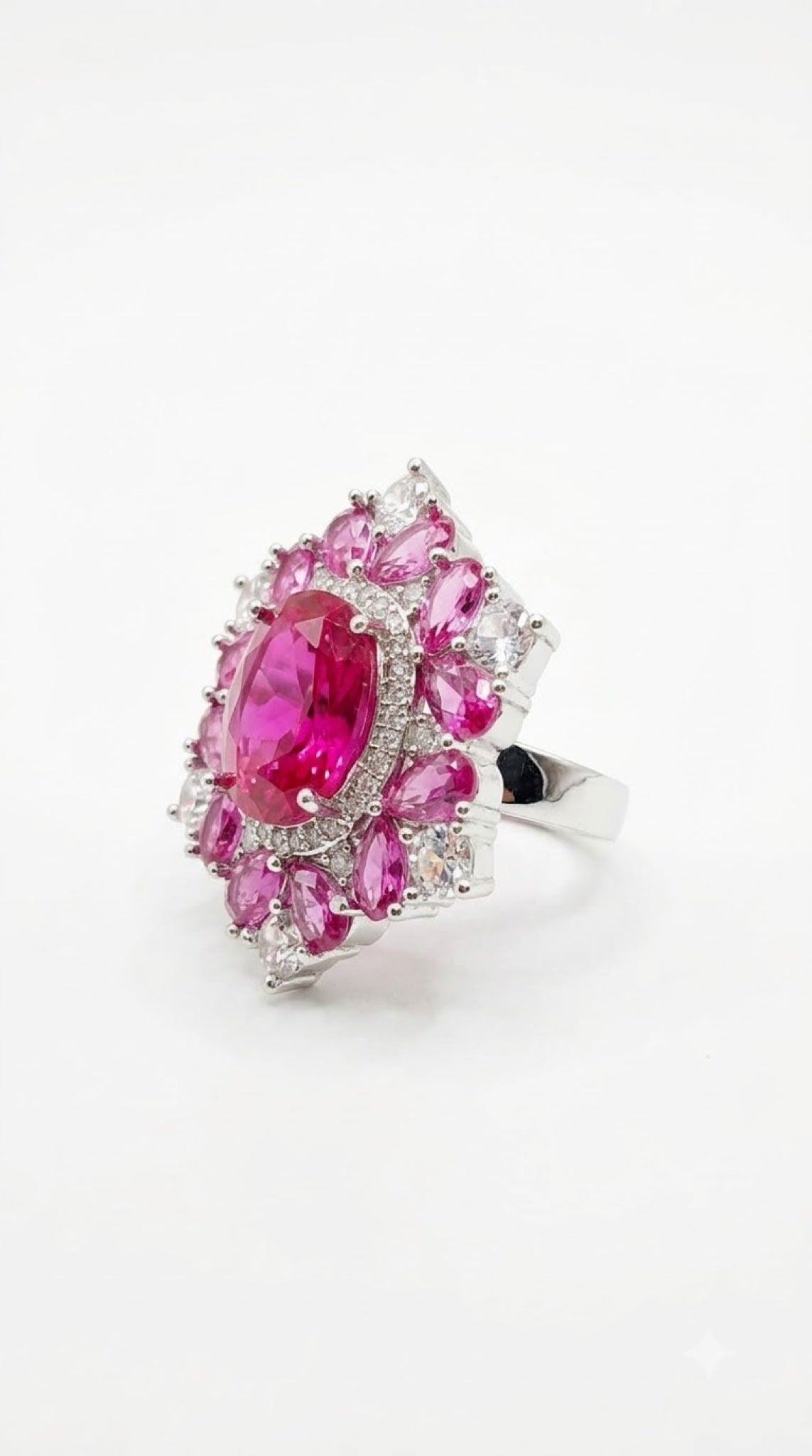 Silver-tone mandala cocktail ring with an oval crystal centre and pear crystal petals - view 2