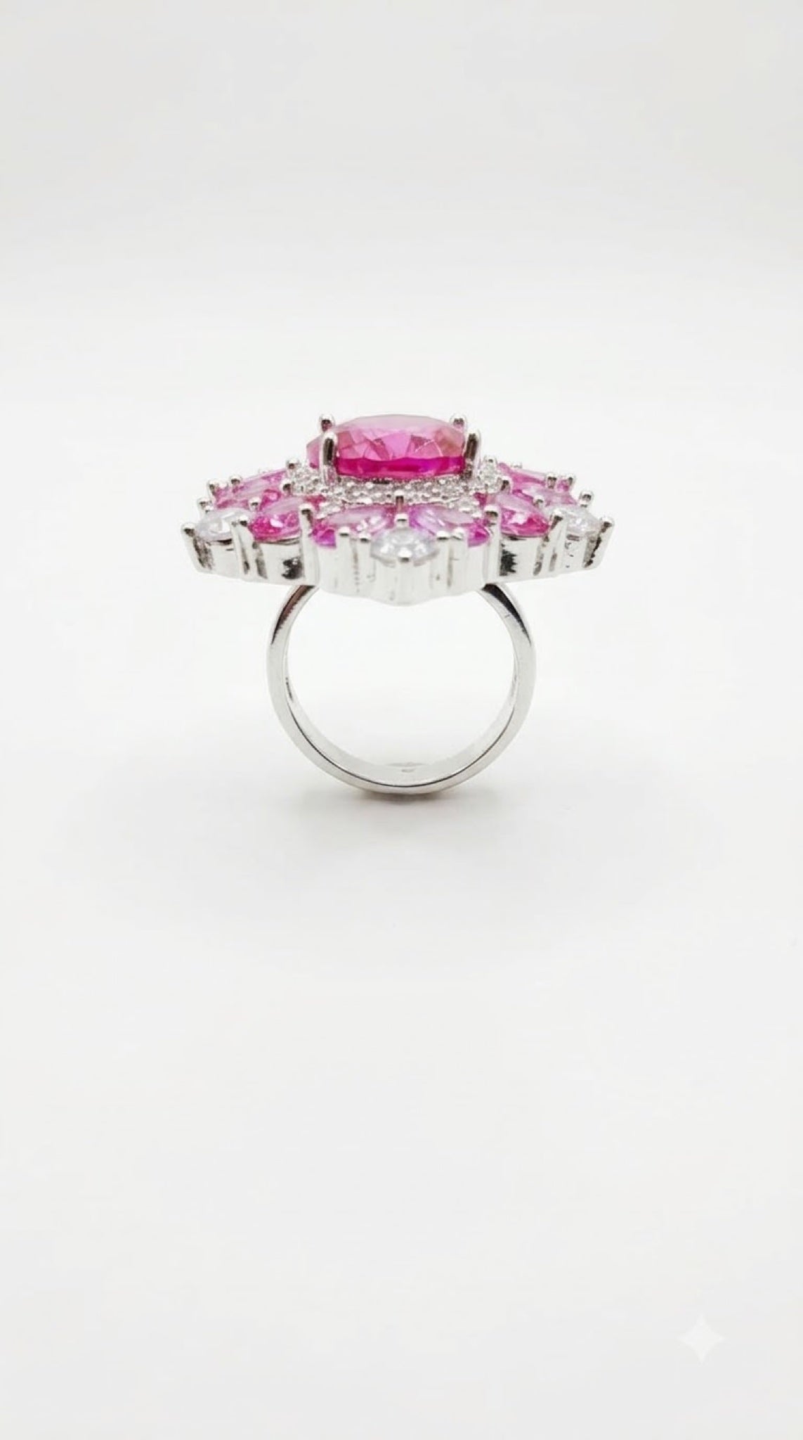Silver-tone mandala cocktail ring with an oval crystal centre and pear crystal petals - view 3
