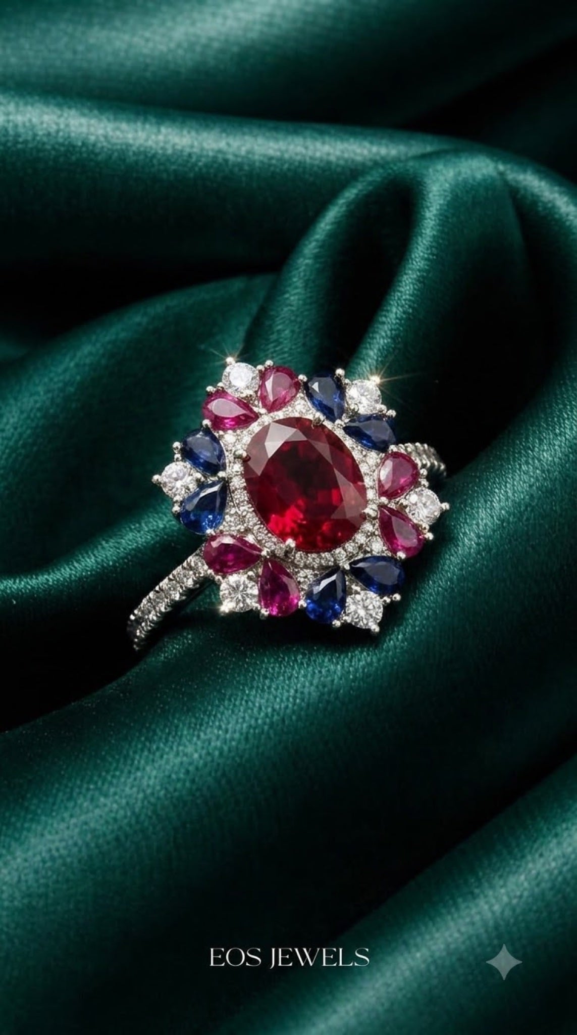 Silver-tone mandala cocktail ring with an oval crystal centre and pear crystal petals - view 5