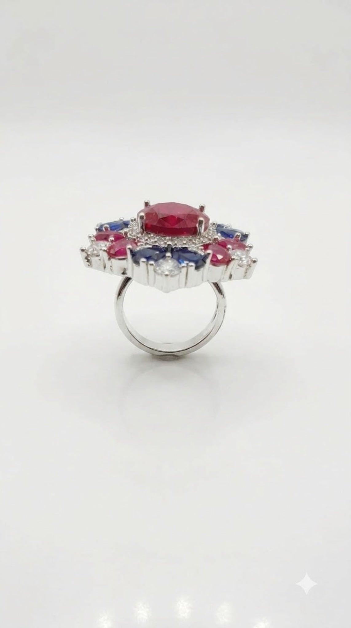 Silver-tone mandala cocktail ring with an oval crystal centre and pear crystal petals - view 6