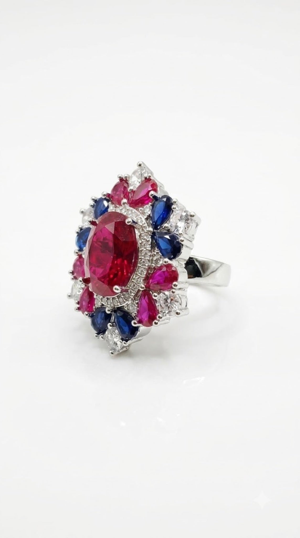 Silver-tone mandala cocktail ring with an oval crystal centre and pear crystal petals - view 7