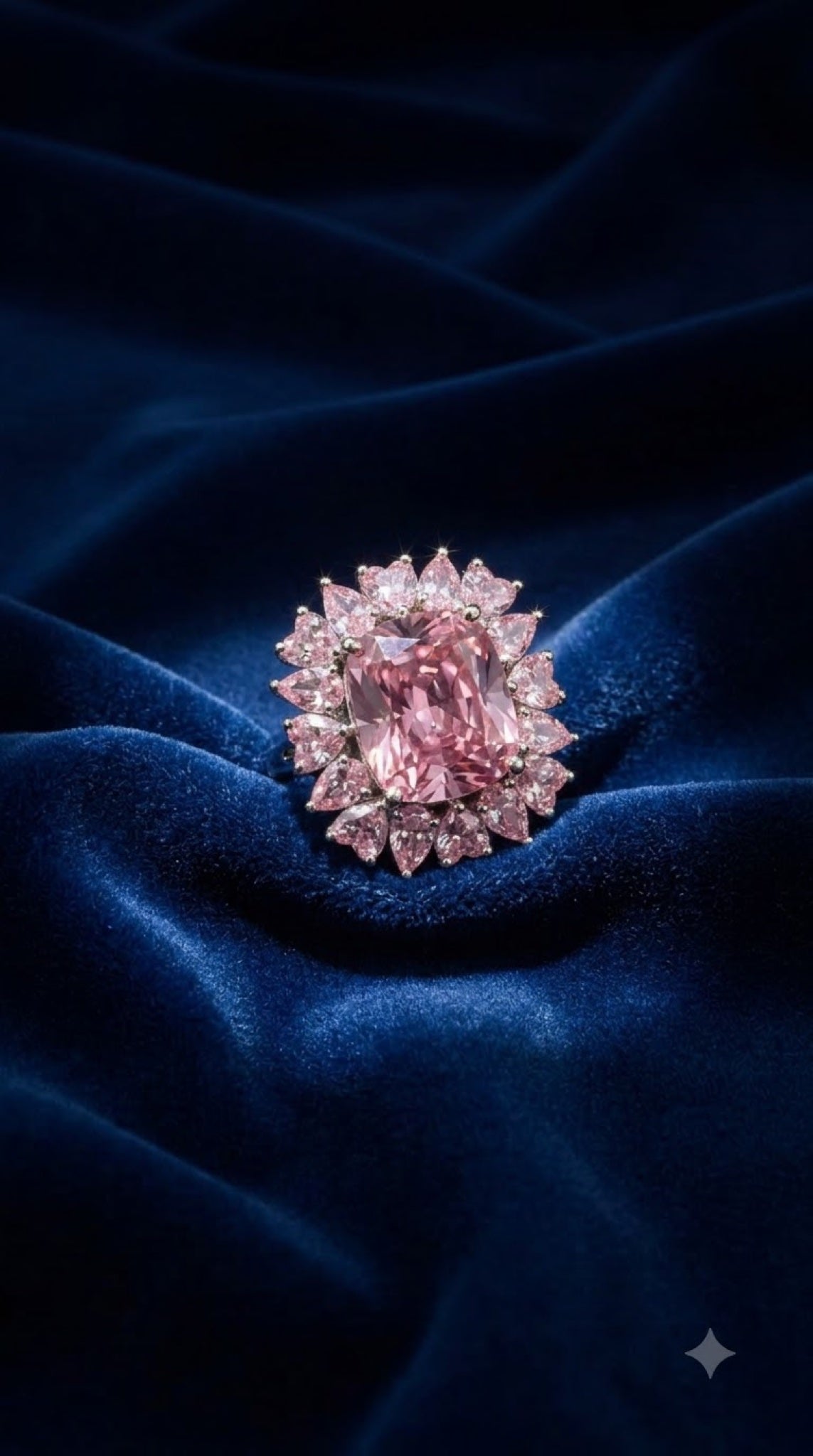 Cocktail ring with a cushion-cut centre stone and a double ruffle of pear crystals