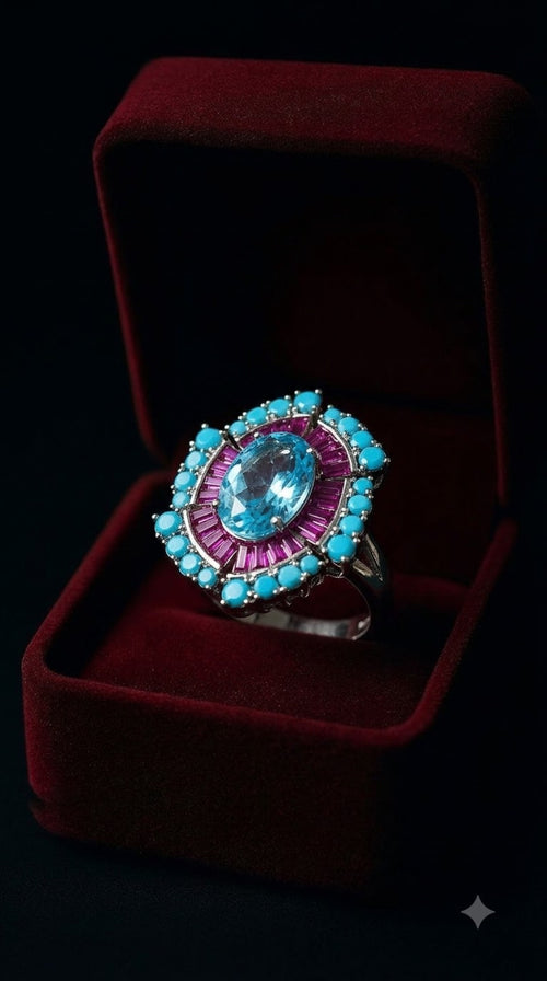 Silver-tone Art Deco halo ring with an oval crystal and magenta baguette sunburst