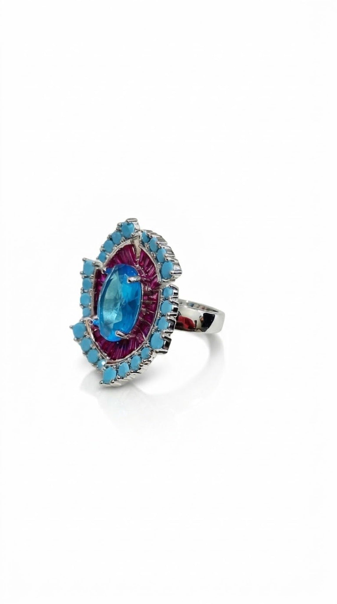Silver-tone Art Deco halo ring with an oval crystal and magenta baguette sunburst - view 2