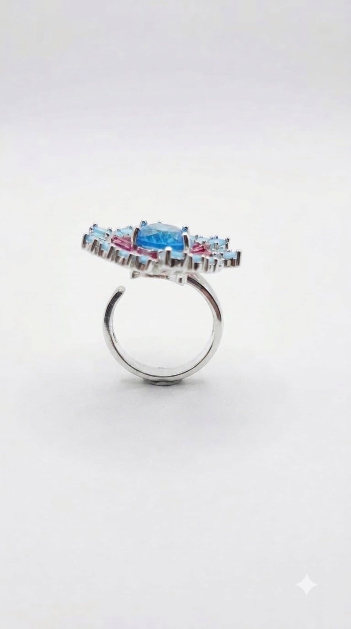 Silver-tone Art Deco halo ring with an oval crystal and magenta baguette sunburst - view 3