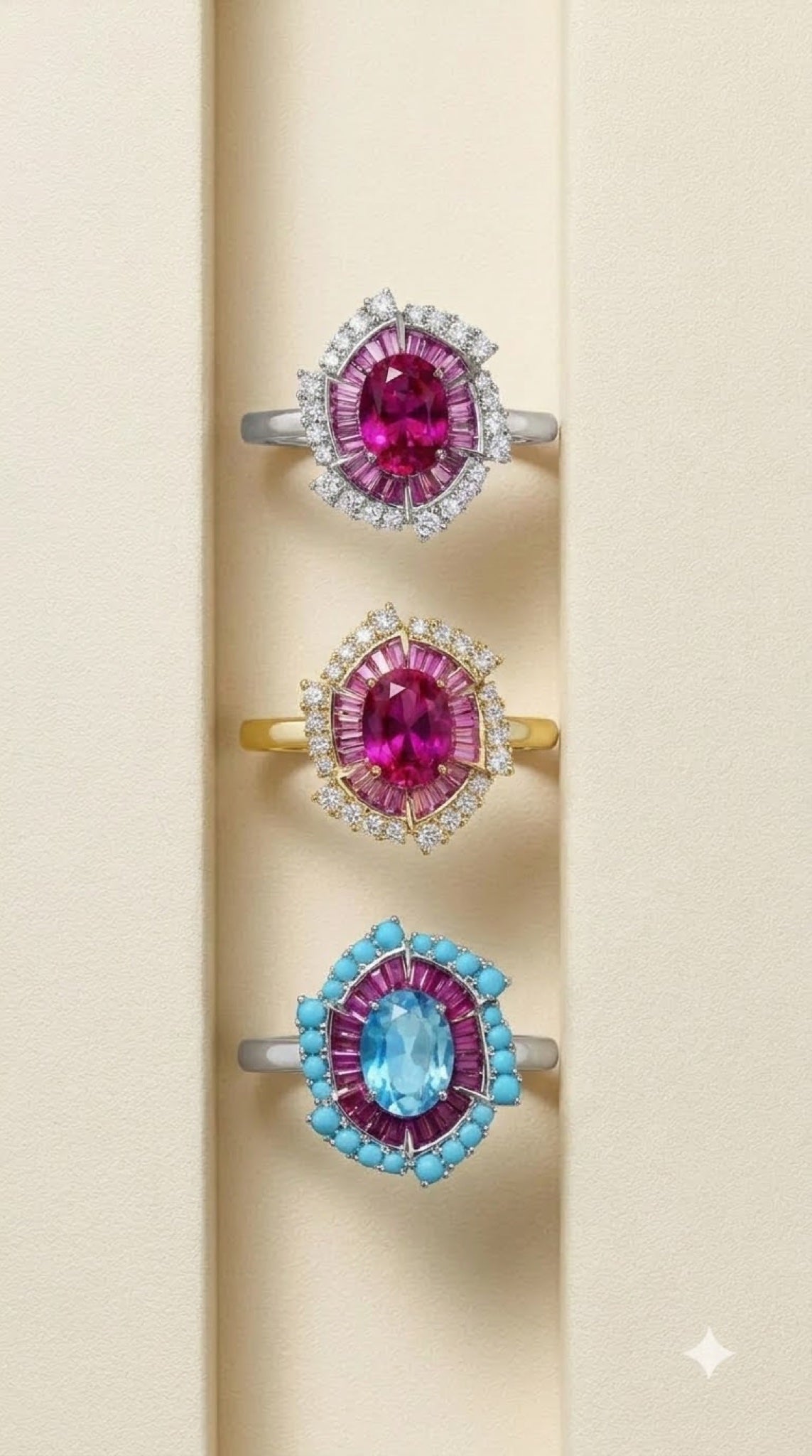 Silver-tone Art Deco halo ring with an oval crystal and magenta baguette sunburst - view 4