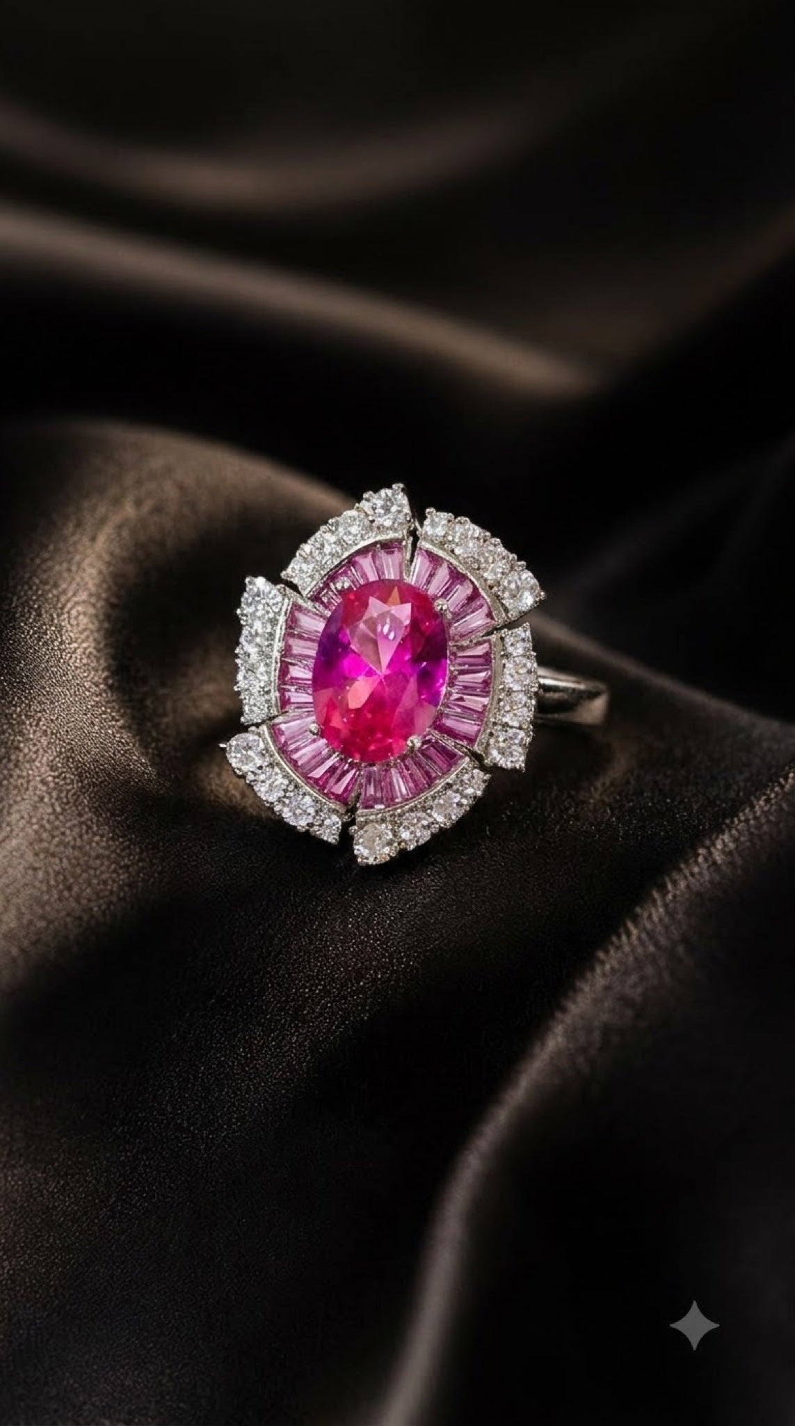 Silver-tone Art Deco halo ring with an oval crystal and magenta baguette sunburst - view 5