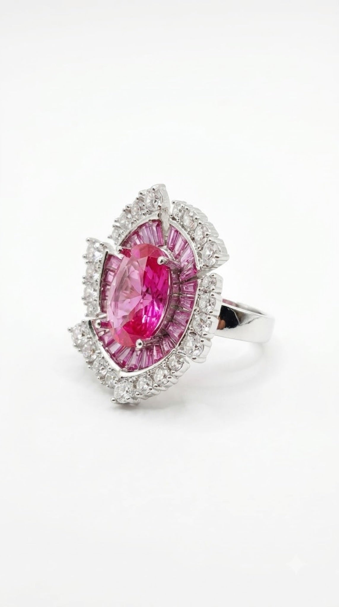 Silver-tone Art Deco halo ring with an oval crystal and magenta baguette sunburst - view 6