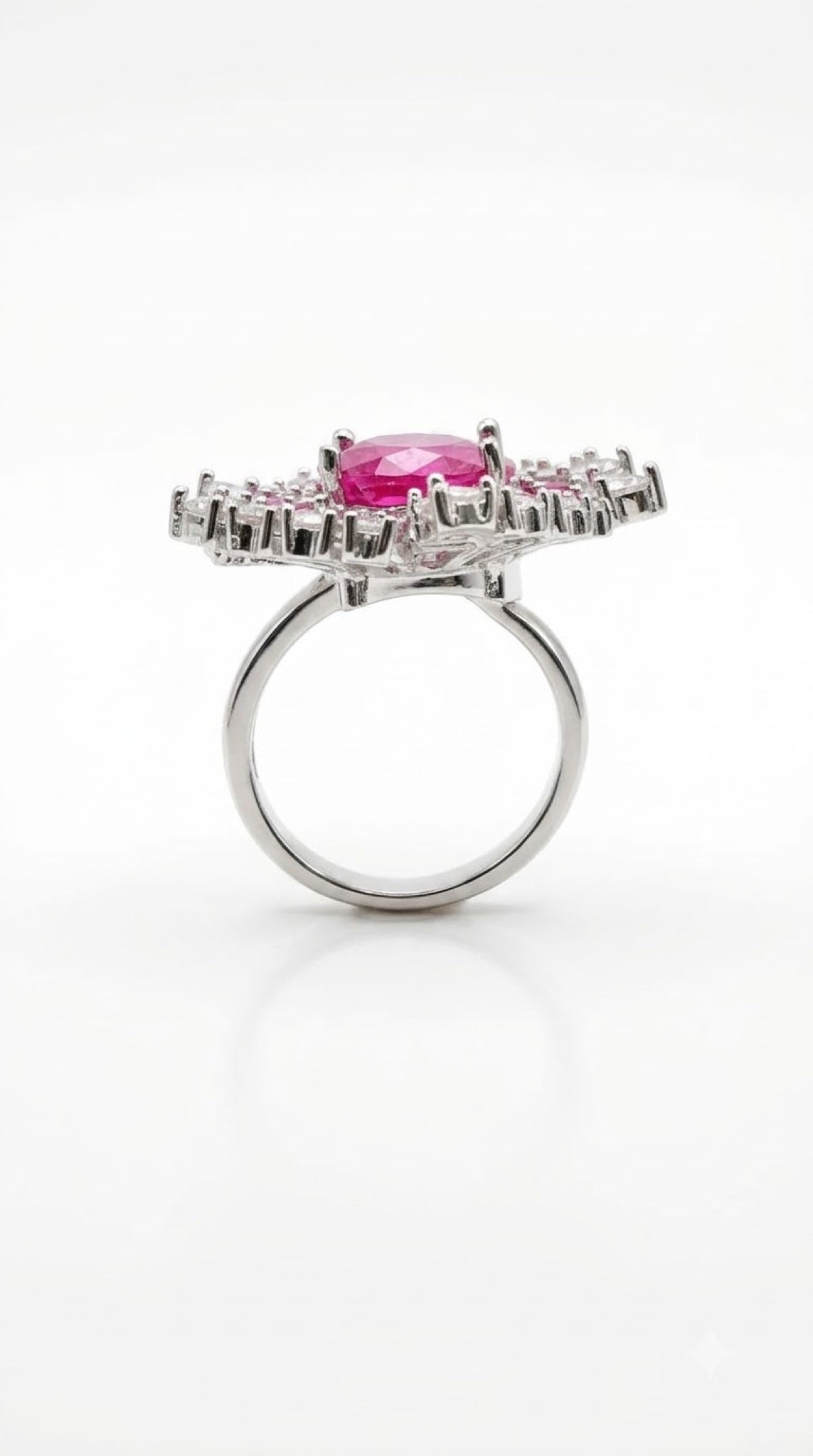 Silver-tone Art Deco halo ring with an oval crystal and magenta baguette sunburst - view 7