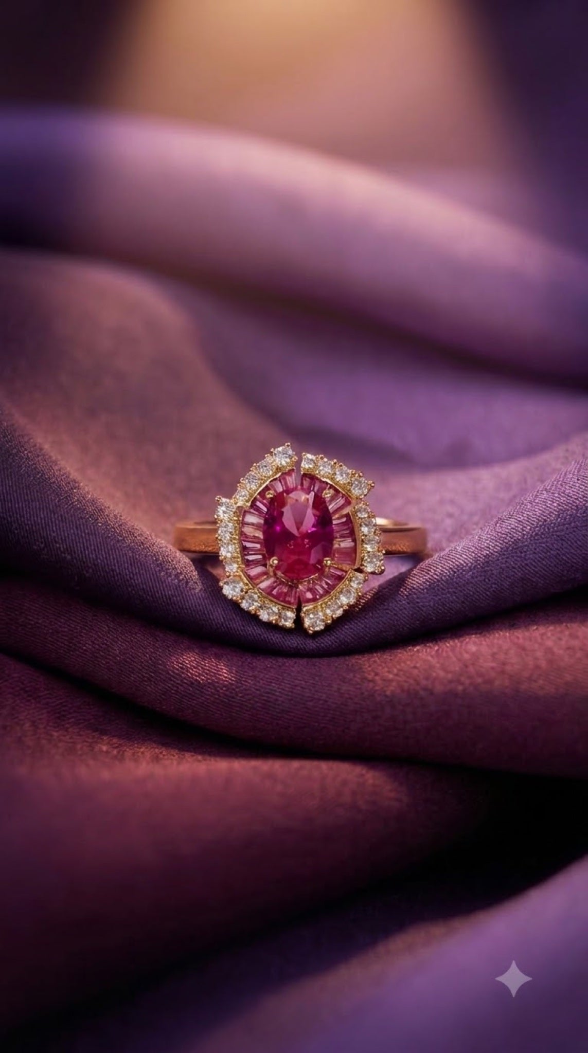 Gold-tone cocktail ring with oval red crystal and diamond-look halo