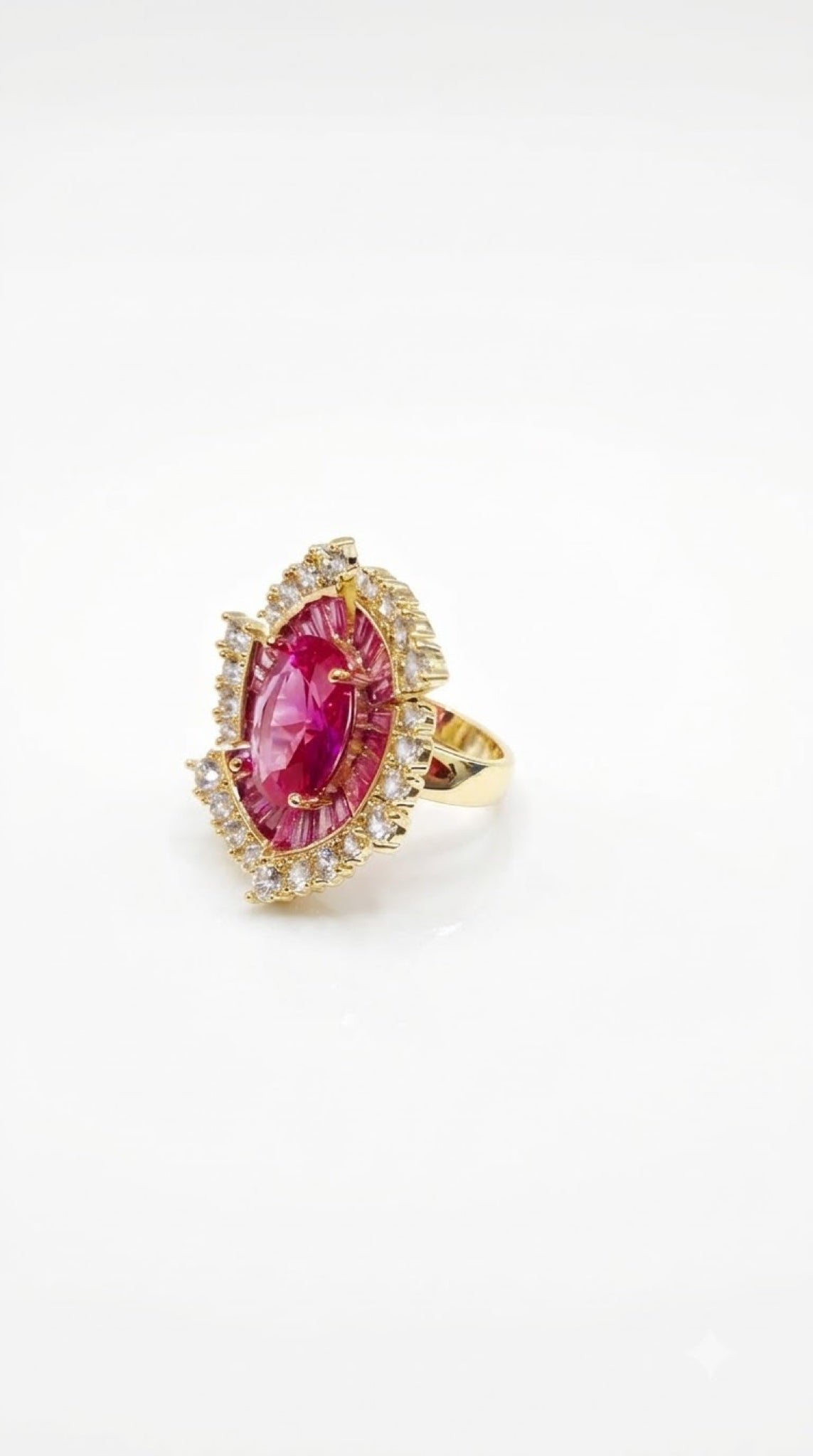 Gold-tone cocktail ring with oval red crystal and diamond-look halo - view 2