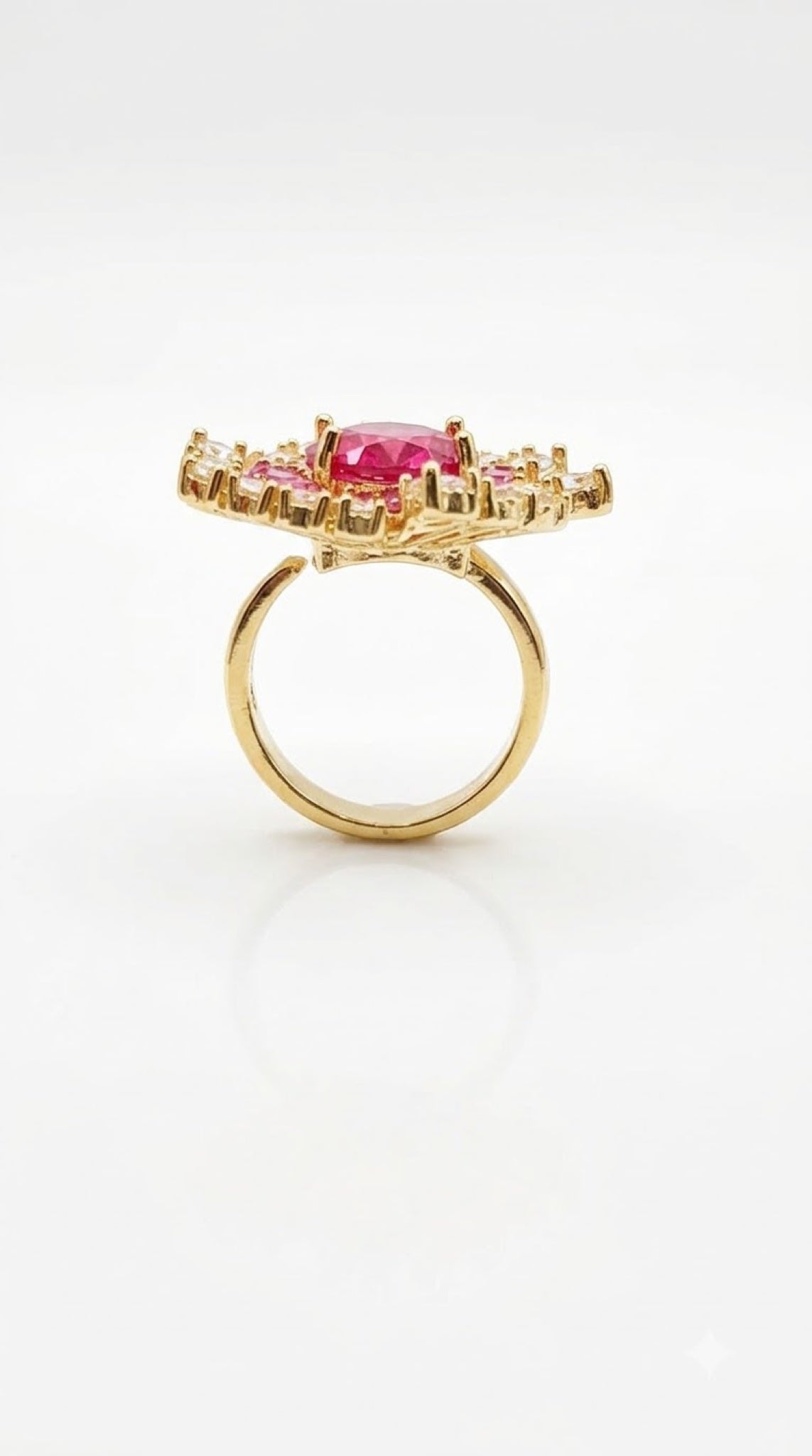 Gold-tone cocktail ring with oval red crystal and diamond-look halo - view 3