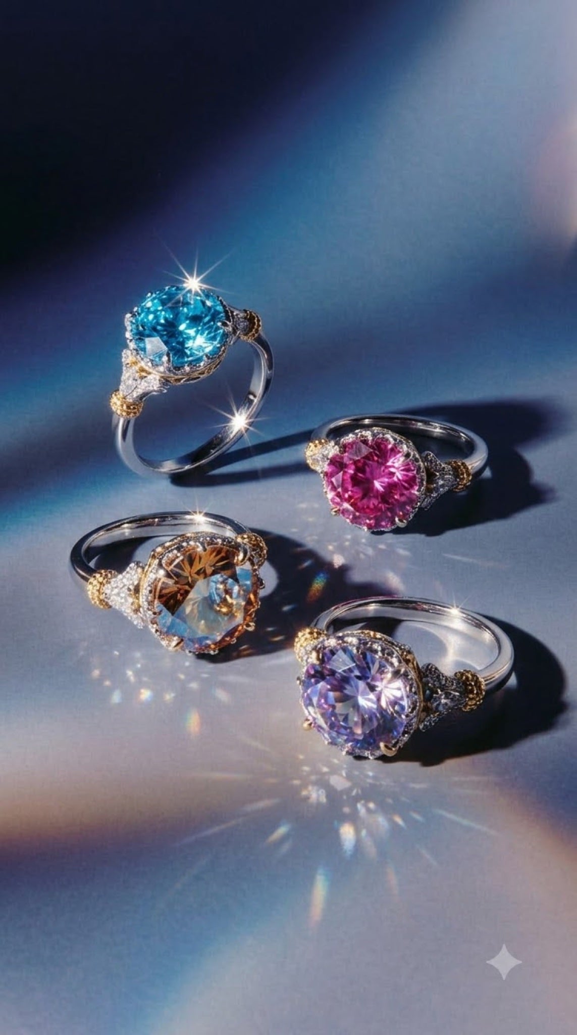 Silver-tone crown solitaire ring with a round crystal, trillion side stones and gold-tone beads