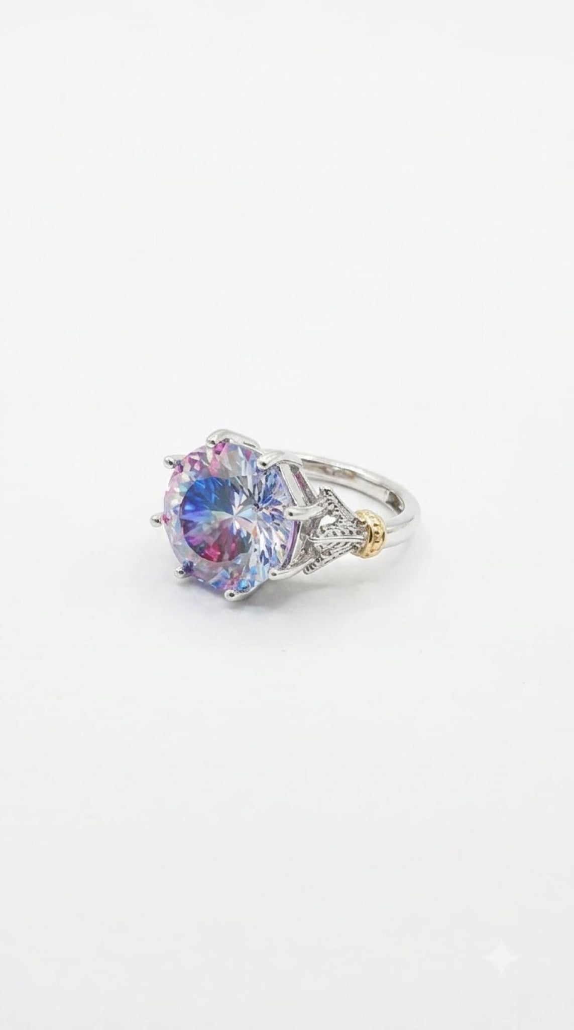 Silver-tone crown solitaire ring with a round crystal, trillion side stones and gold-tone beads - view 10