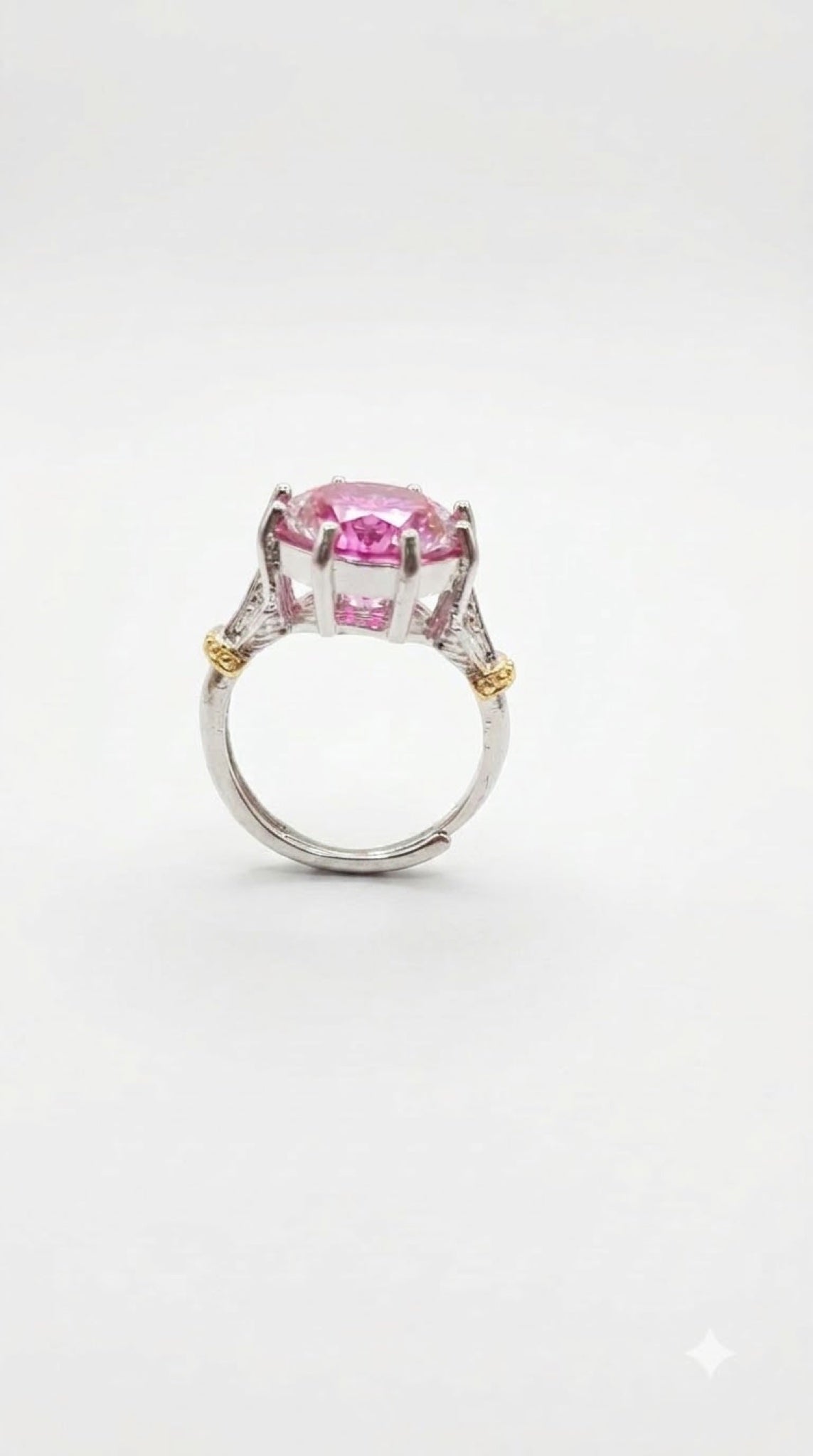 Silver-tone crown solitaire ring with a round crystal, trillion side stones and gold-tone beads - view 3