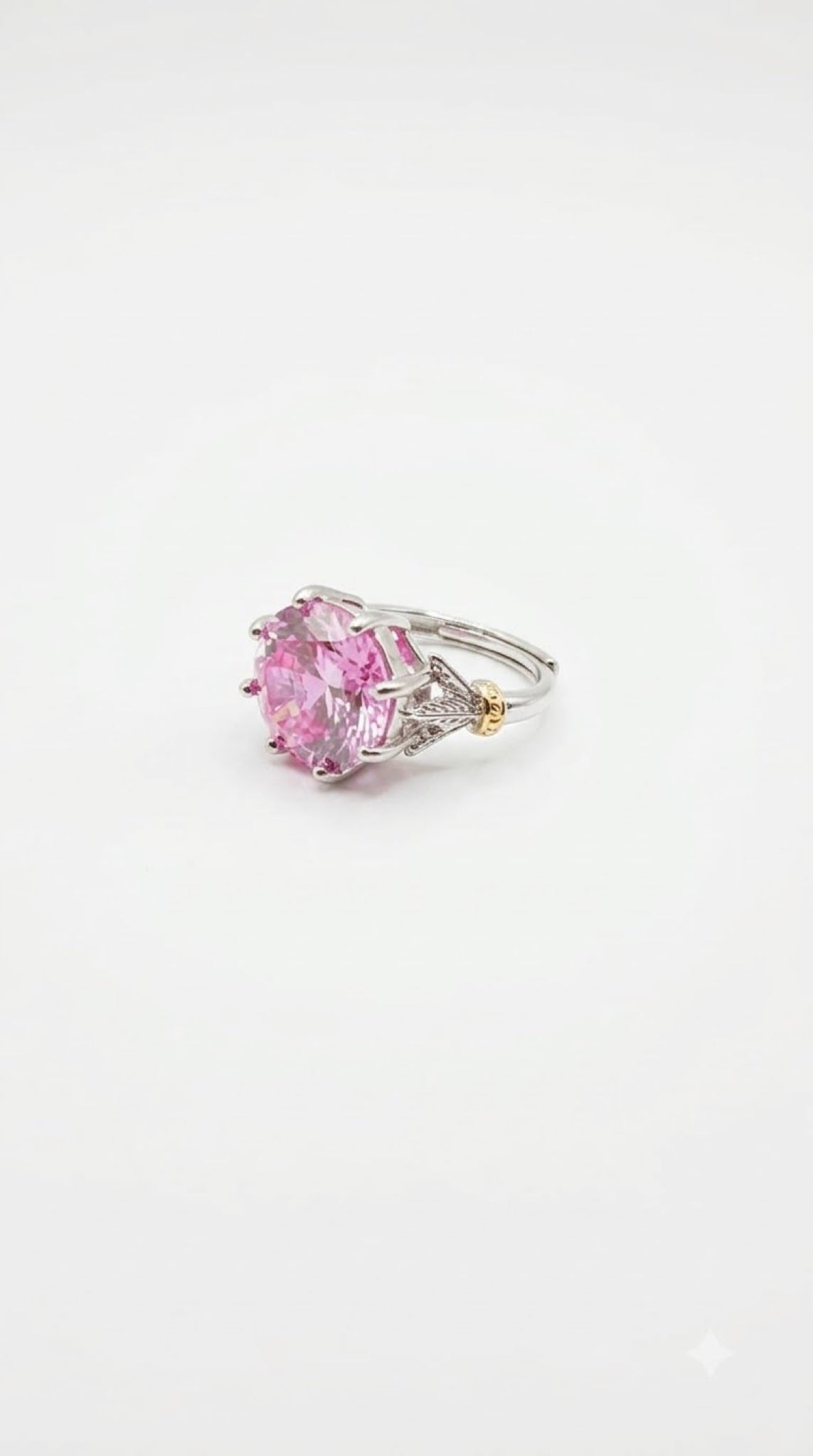 Silver-tone crown solitaire ring with a round crystal, trillion side stones and gold-tone beads - view 4