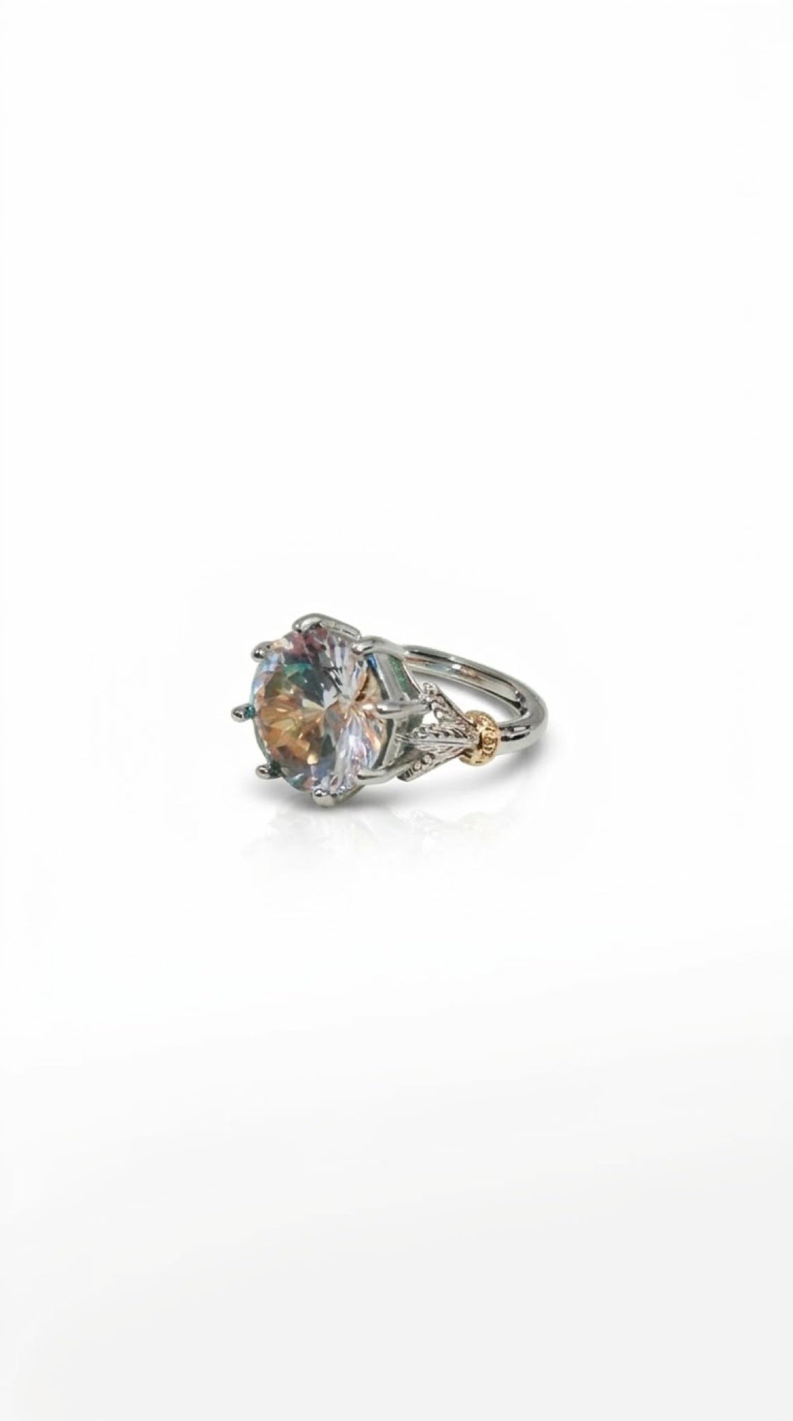 Silver-tone crown solitaire ring with a round crystal, trillion side stones and gold-tone beads - view 7