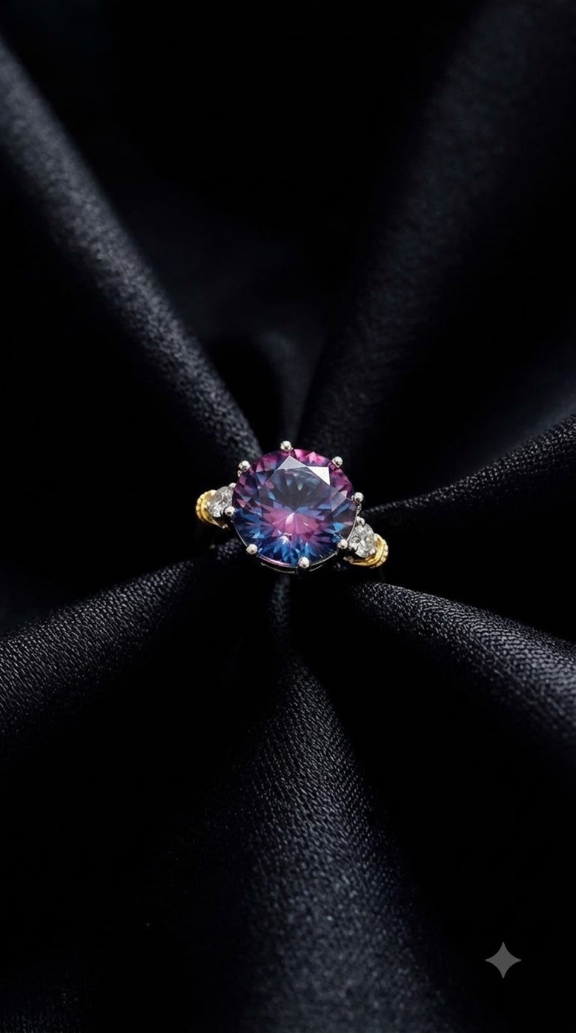 Silver-tone crown solitaire ring with a round crystal, trillion side stones and gold-tone beads - view 8
