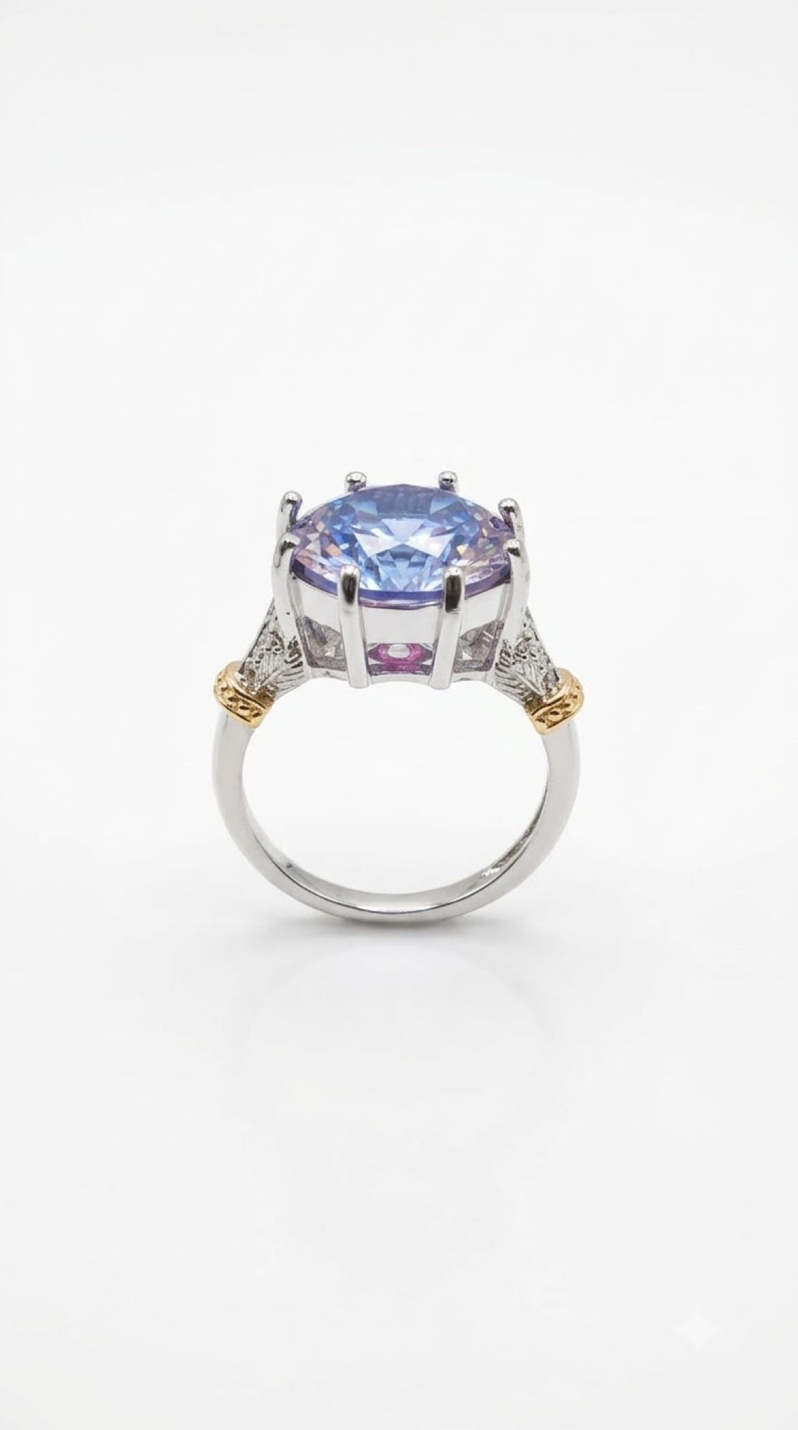 Silver-tone crown solitaire ring with a round crystal, trillion side stones and gold-tone beads - view 9