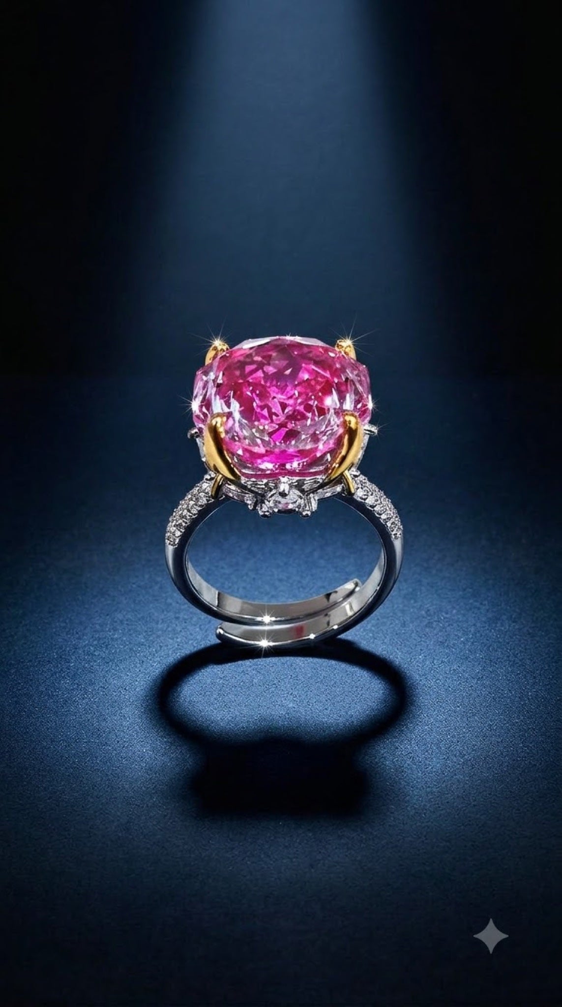 Silver-tone pavé statement ring with a faceted crystal in gold-tone prongs and hidden halo - view 2