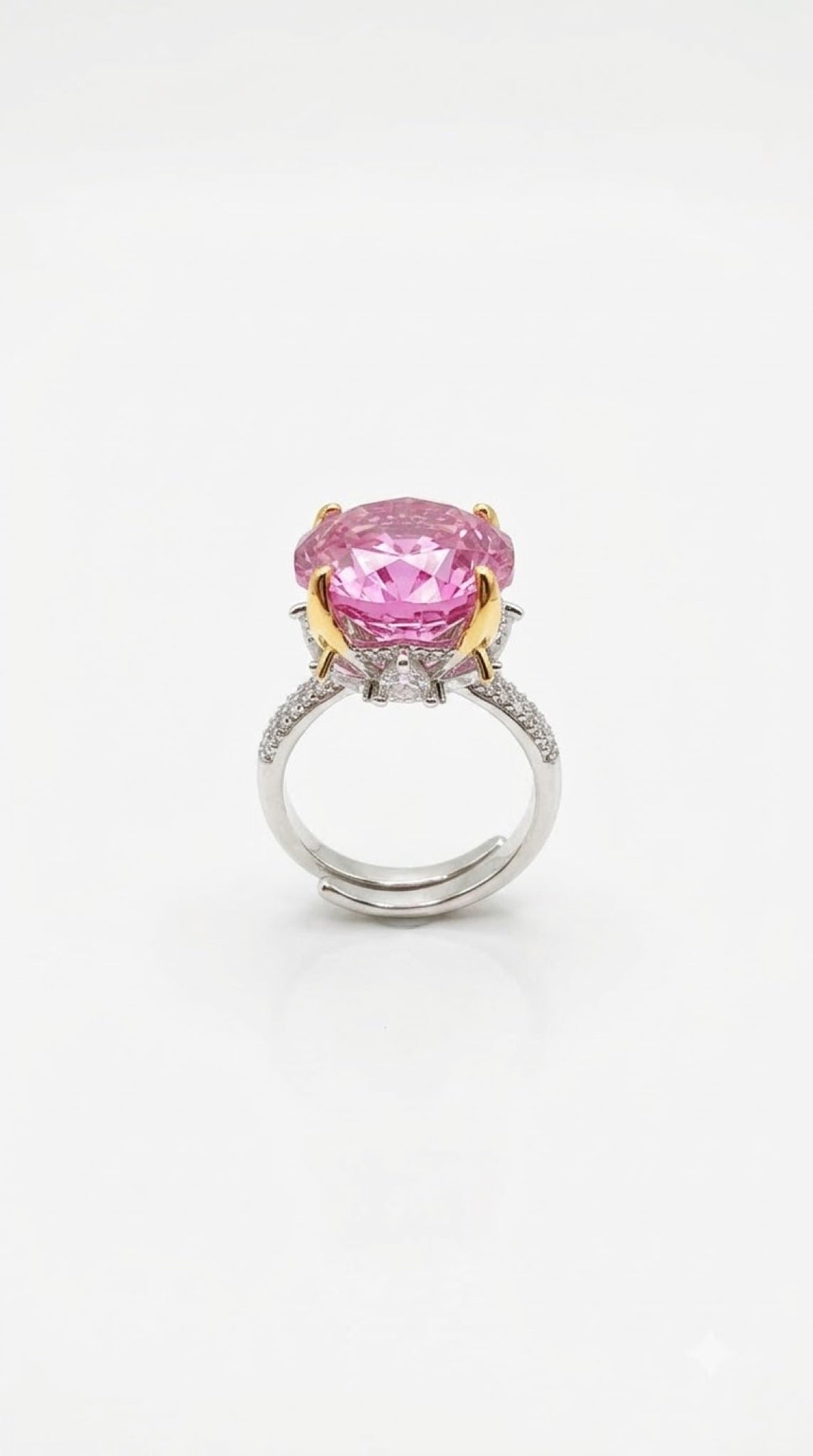 Silver-tone pavé statement ring with a faceted crystal in gold-tone prongs and hidden halo - view 3