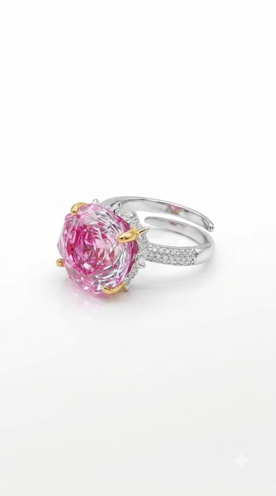 Silver-tone pavé statement ring with a faceted crystal in gold-tone prongs and hidden halo - view 4