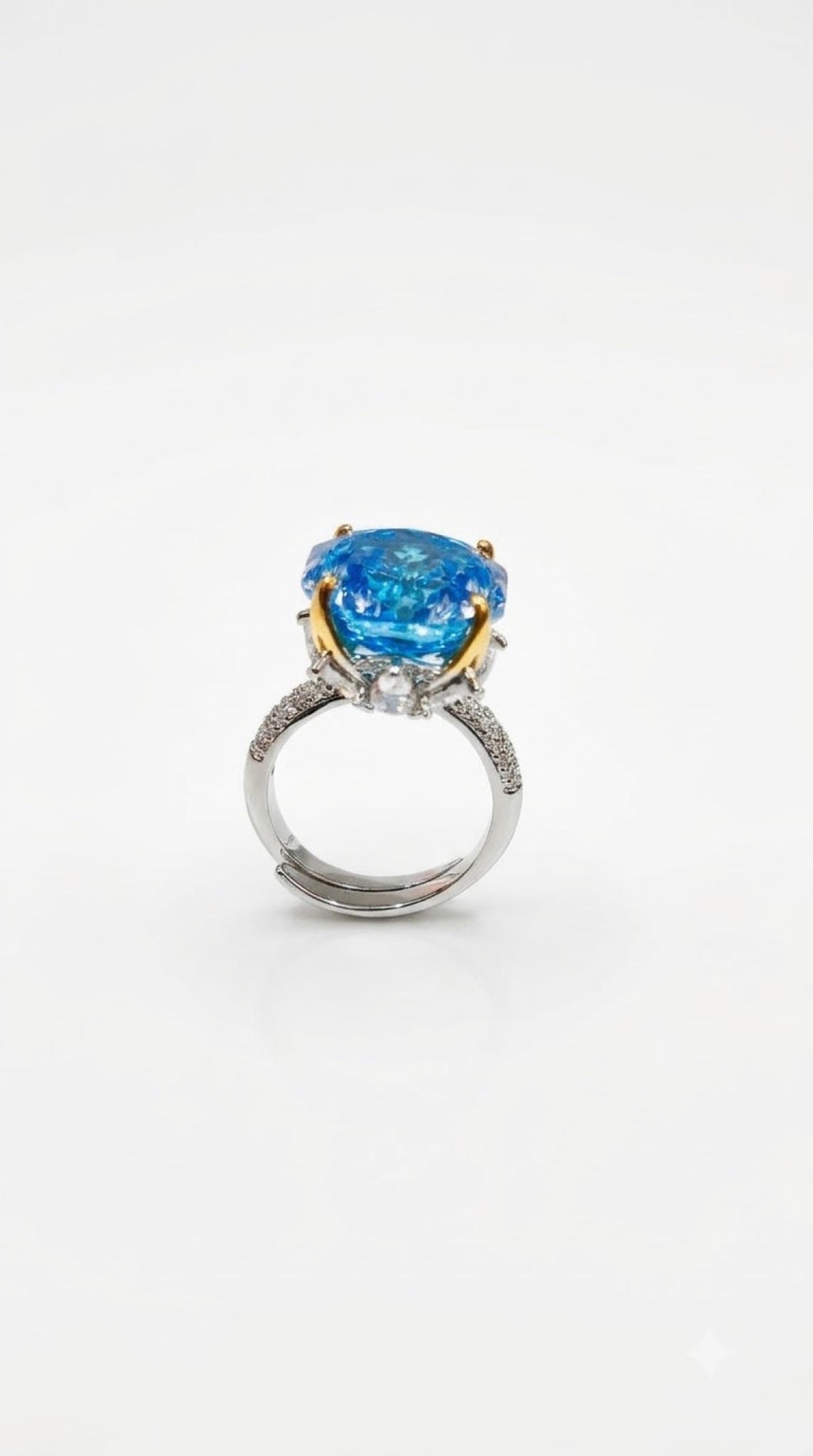 Silver-tone pavé statement ring with a faceted crystal in gold-tone prongs and hidden halo - view 6