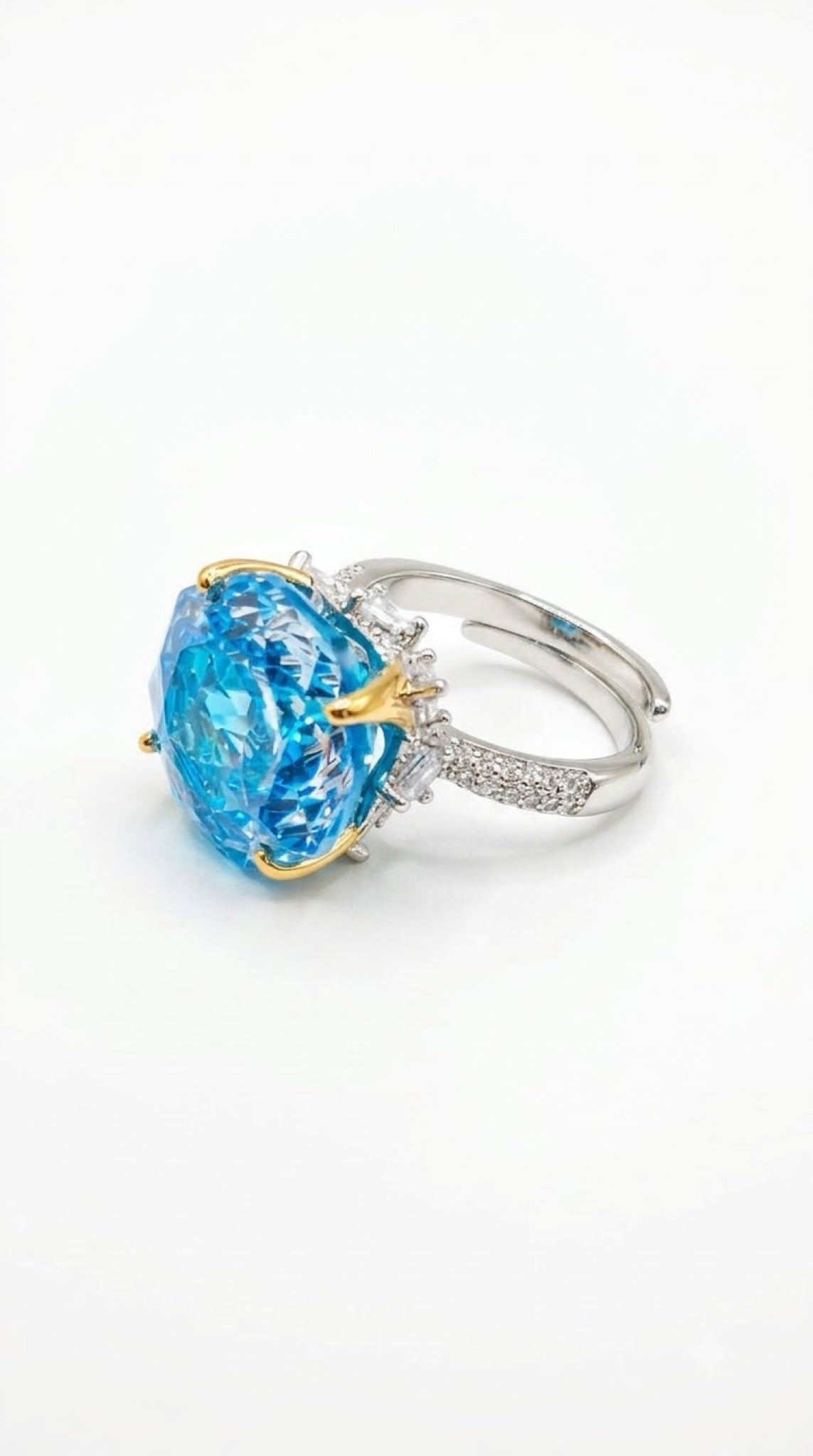 Silver-tone pavé statement ring with a faceted crystal in gold-tone prongs and hidden halo - view 7