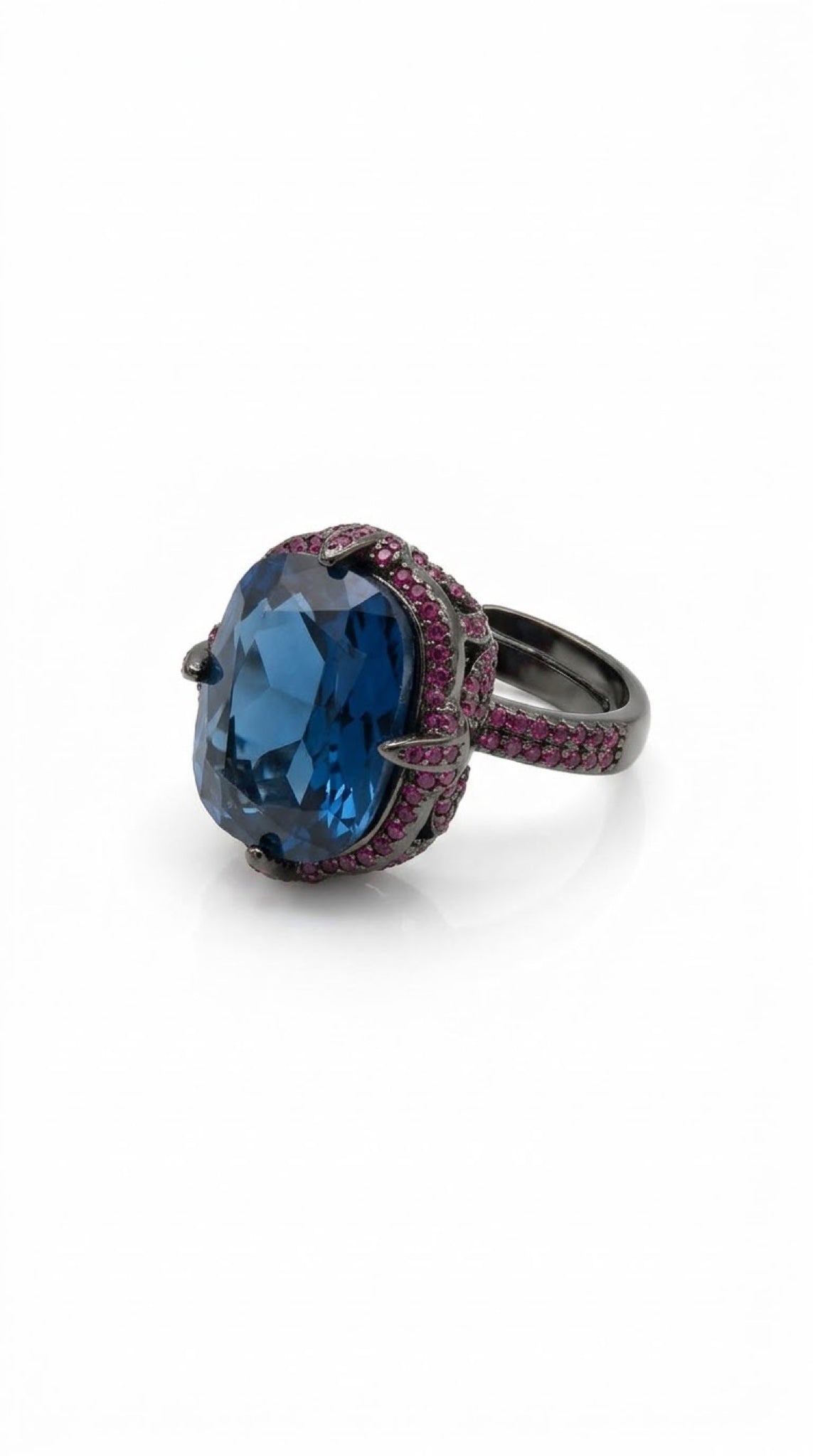 Gunmetal black-tone gothic ring with a claw-set oval crystal and berry-toned pavé - view 10
