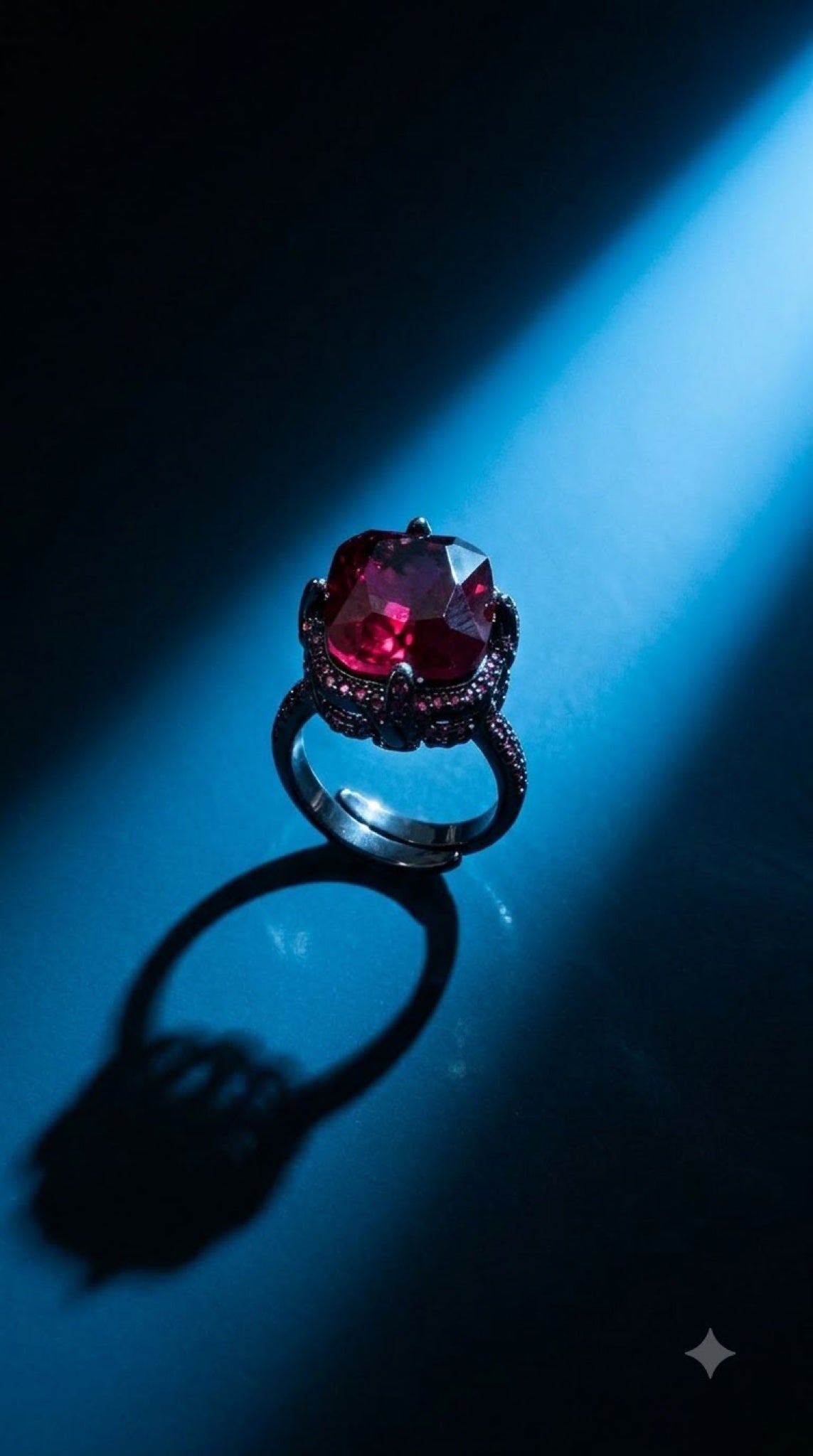 Gunmetal black-tone gothic ring with a claw-set oval crystal and berry-toned pavé - view 2