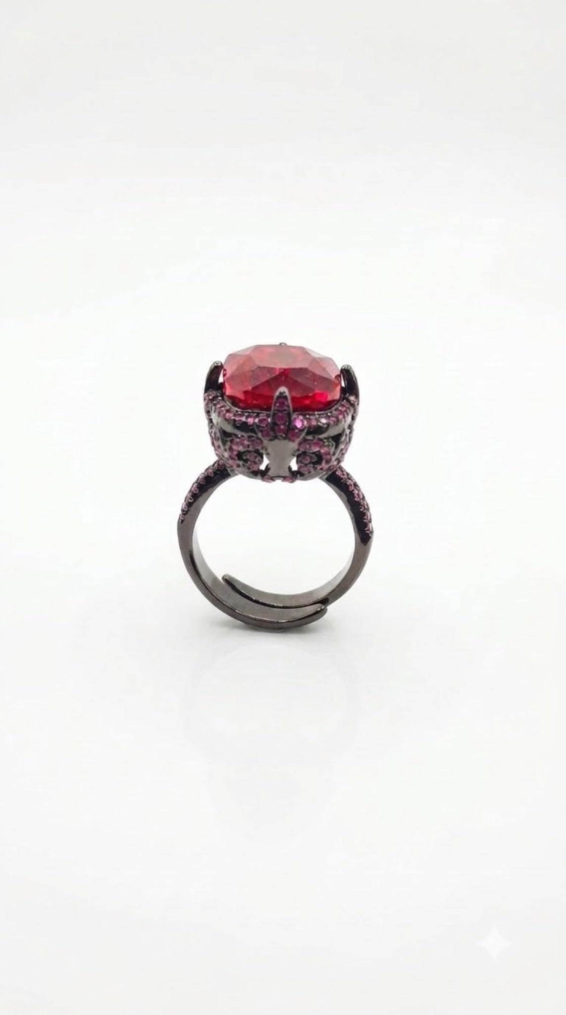 Gunmetal black-tone gothic ring with a claw-set oval crystal and berry-toned pavé - view 3