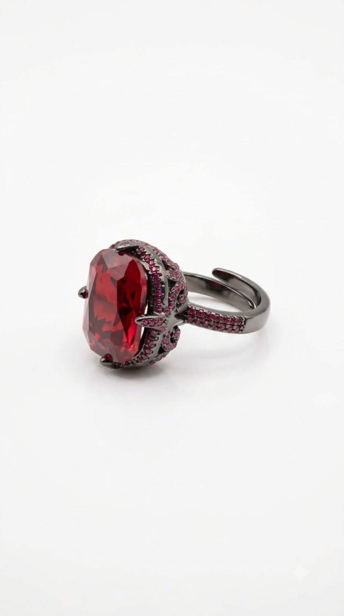 Gunmetal black-tone gothic ring with a claw-set oval crystal and berry-toned pavé - view 4