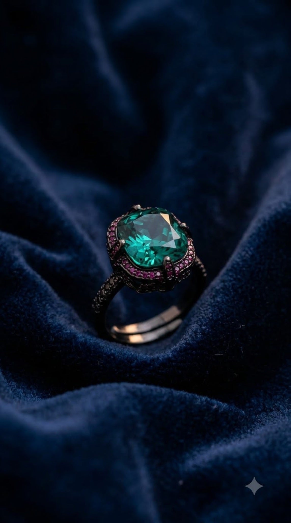 Gunmetal black-tone gothic ring with a claw-set oval crystal and berry-toned pavé - view 5