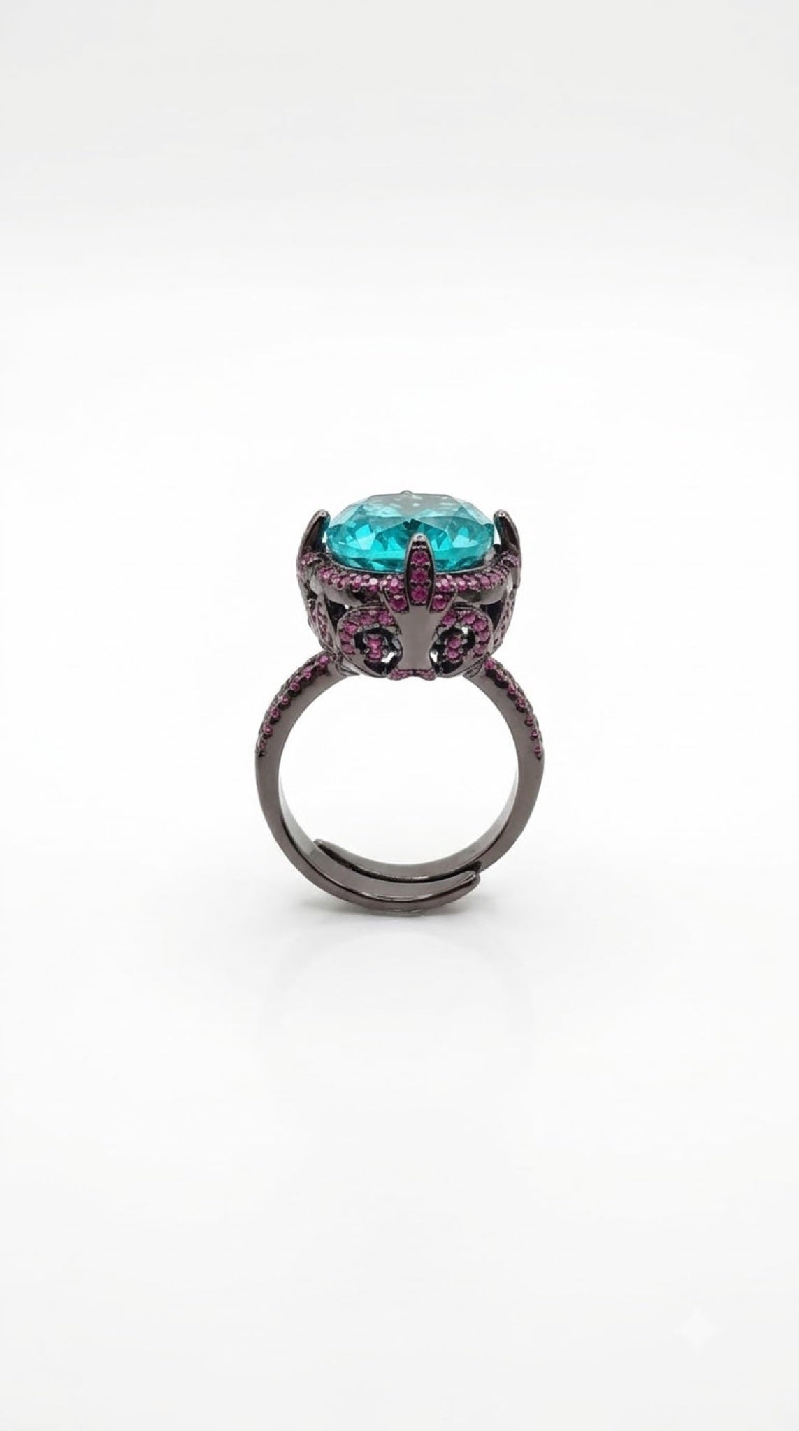 Gunmetal black-tone gothic ring with a claw-set oval crystal and berry-toned pavé - view 6