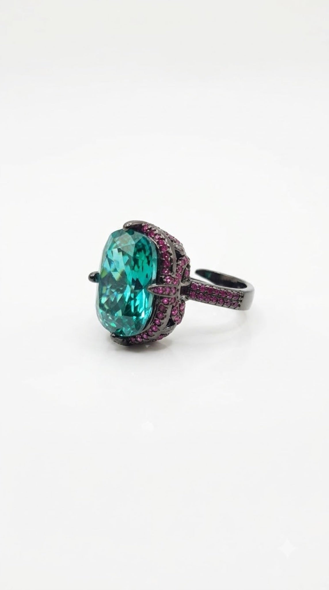 Gunmetal black-tone gothic ring with a claw-set oval crystal and berry-toned pavé - view 7