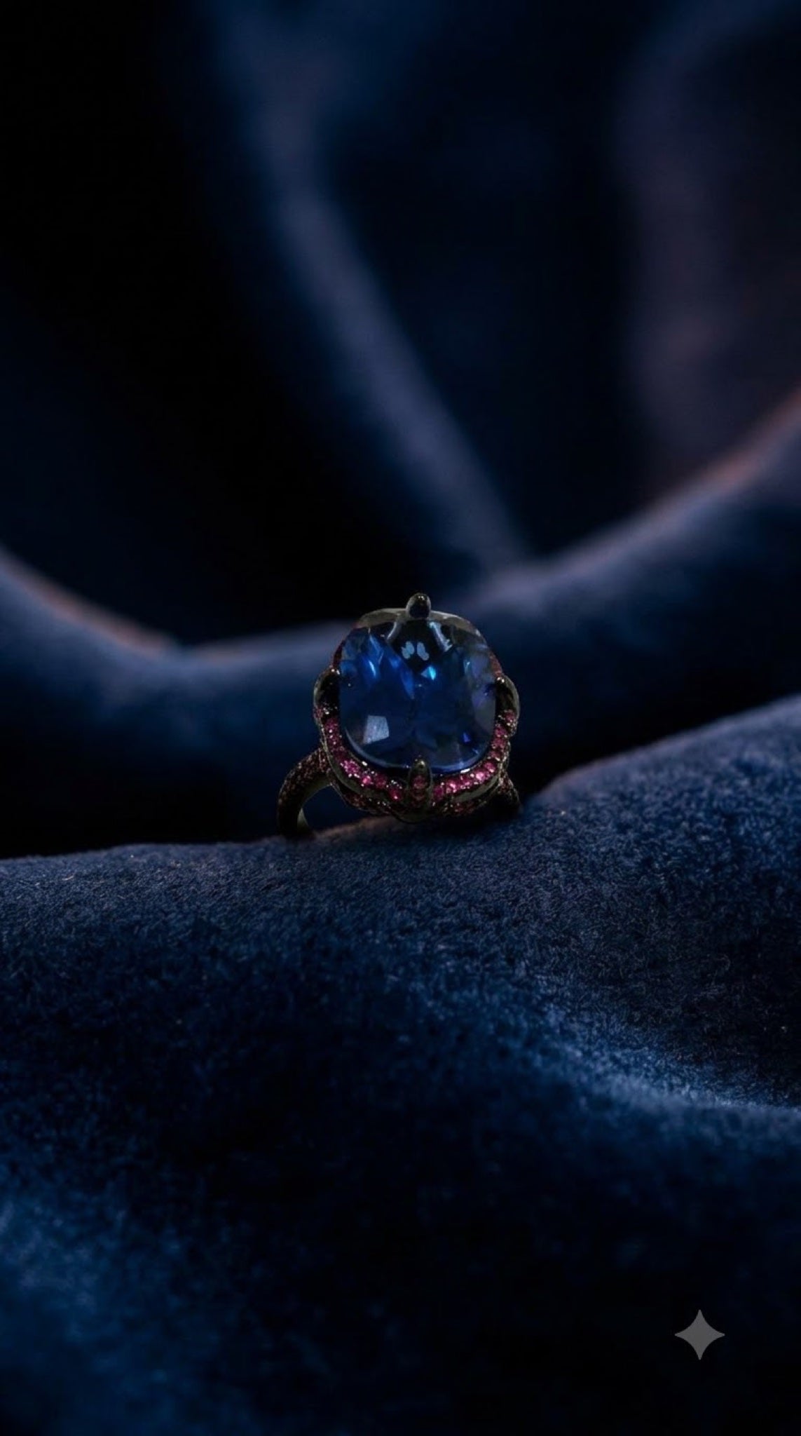 Gunmetal black-tone gothic ring with a claw-set oval crystal and berry-toned pavé - view 8