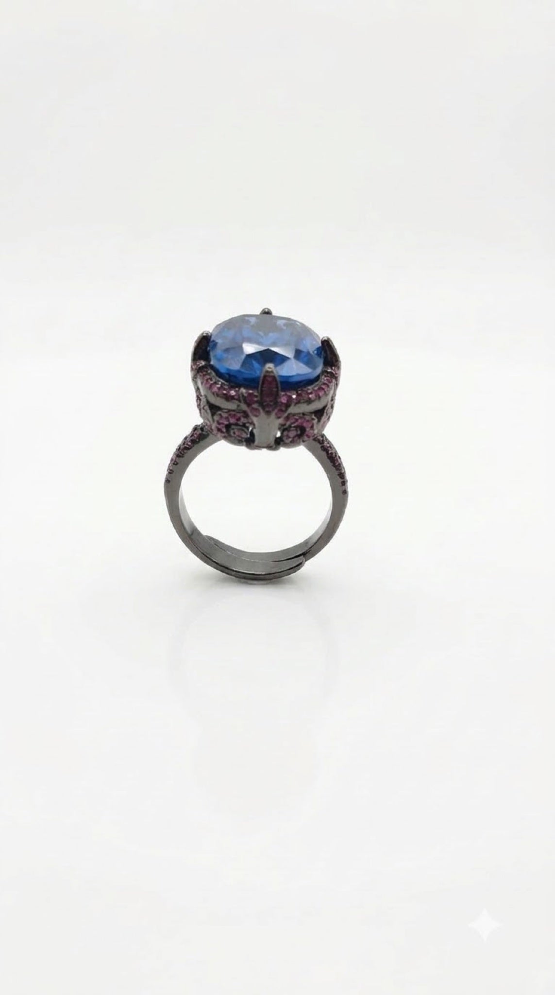 Gunmetal black-tone gothic ring with a claw-set oval crystal and berry-toned pavé - view 9