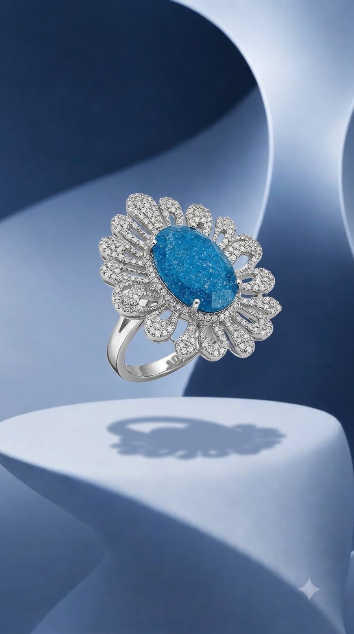 Silver-tone openwork petal cocktail ring with an oval crackle-finish stone - view 2