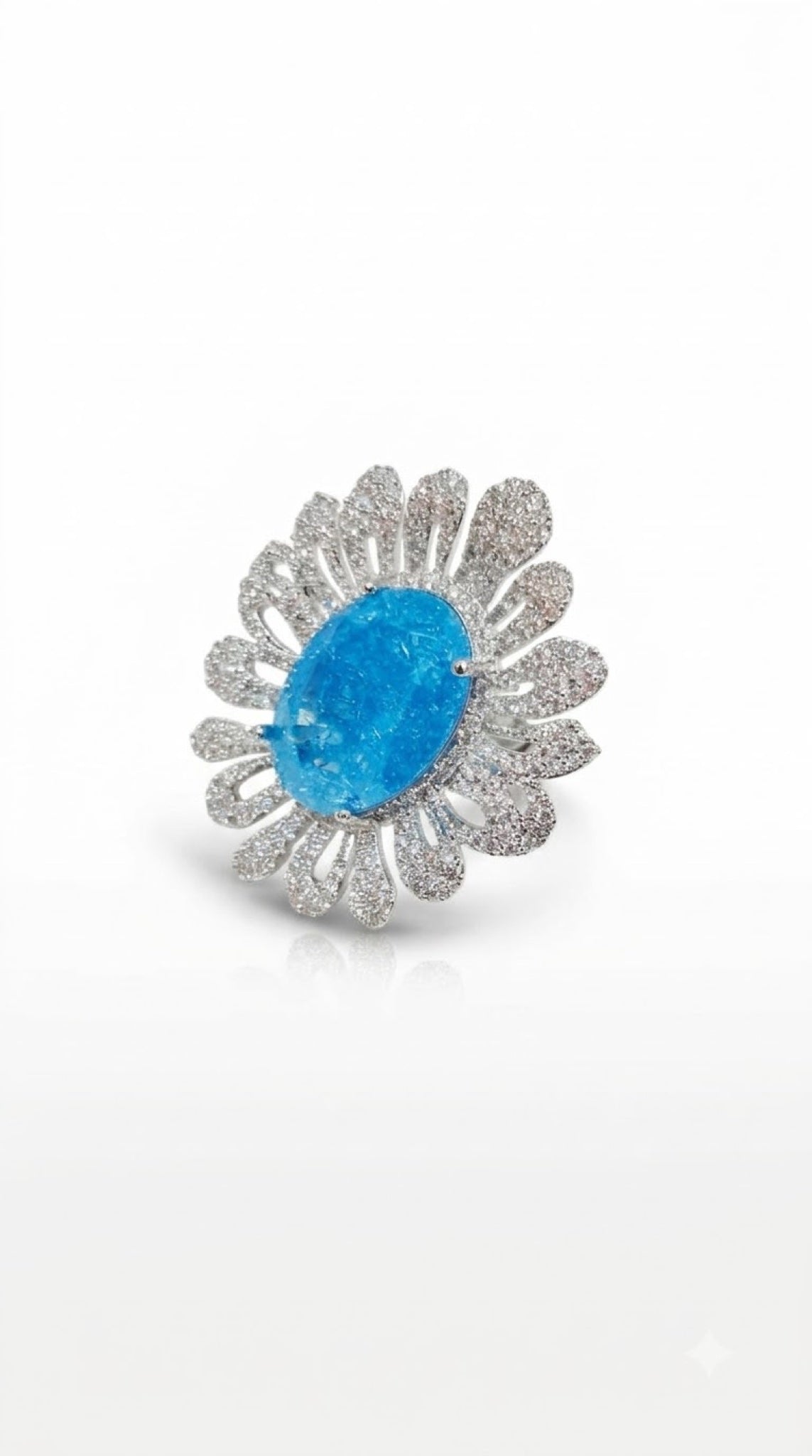 Silver-tone openwork petal cocktail ring with an oval crackle-finish stone - view 4