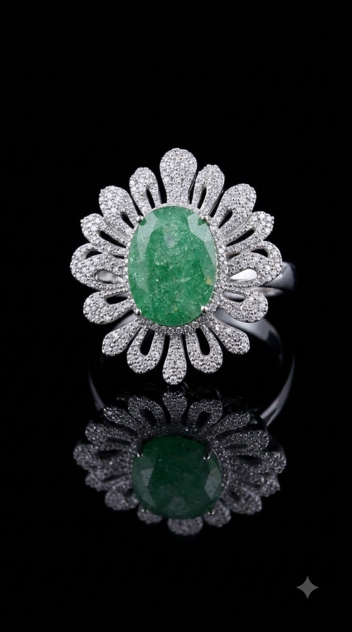 Silver-tone openwork petal cocktail ring with an oval crackle-finish stone - view 5