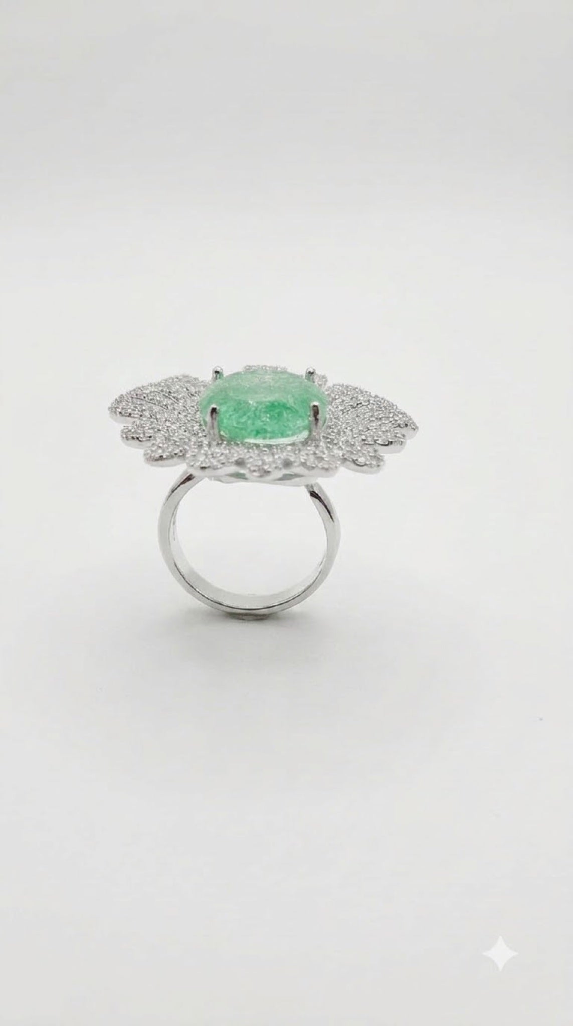 Silver-tone openwork petal cocktail ring with an oval crackle-finish stone - view 6