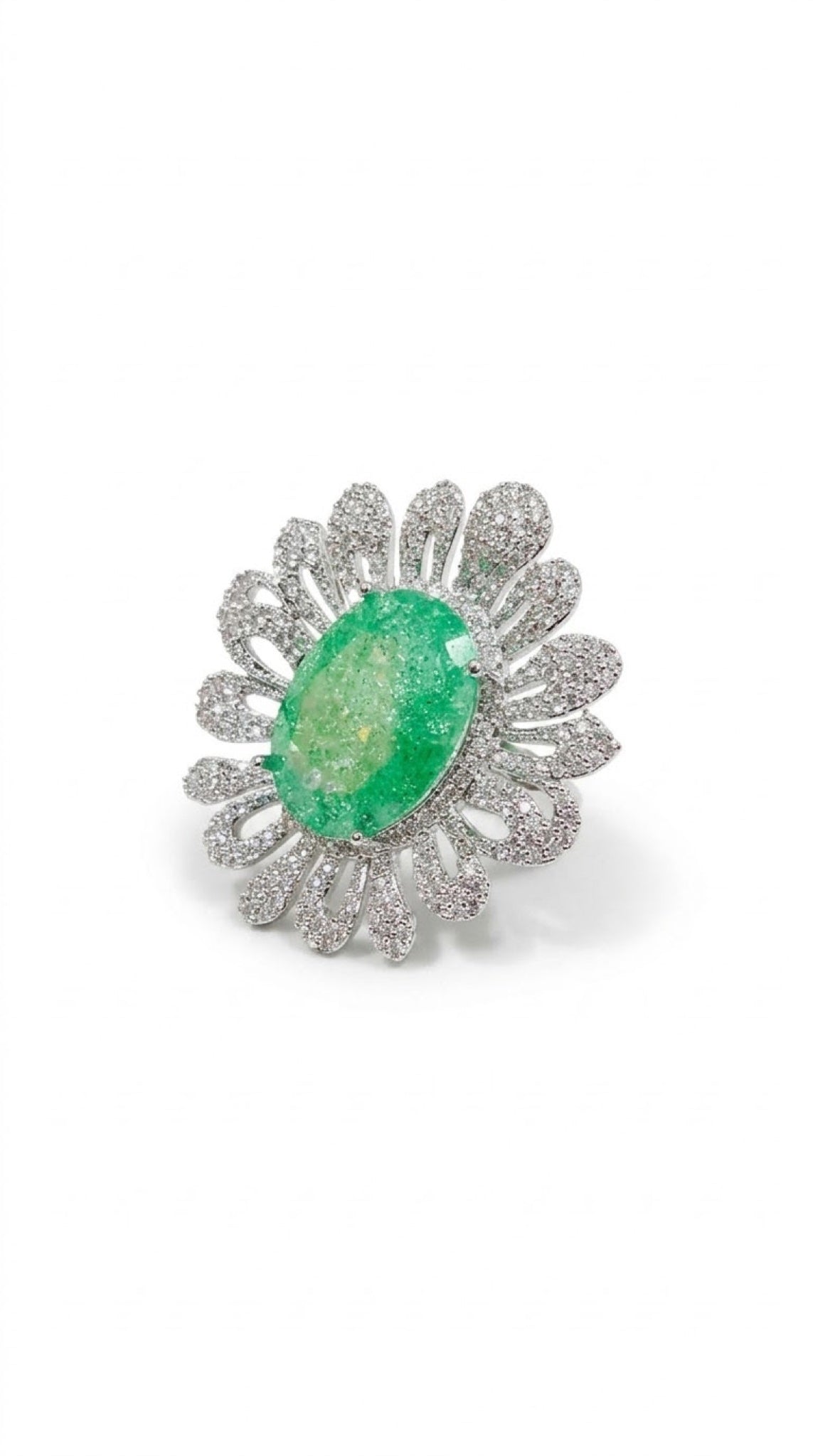 Silver-tone openwork petal cocktail ring with an oval crackle-finish stone - view 7