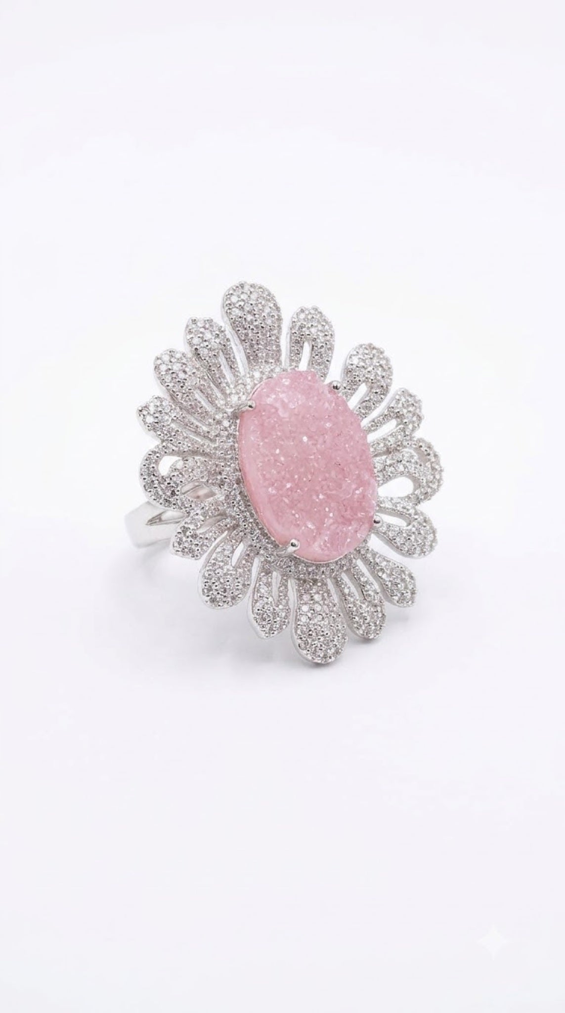 Silver-tone openwork petal cocktail ring with an oval crackle-finish stone - view 9