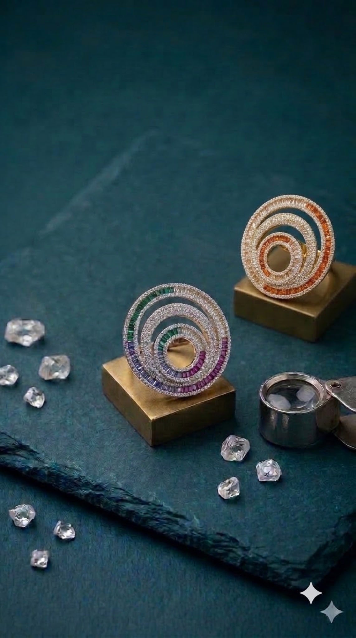 Gold-tone spiral disc cocktail ring with diamond-look crystals and coloured baguettes