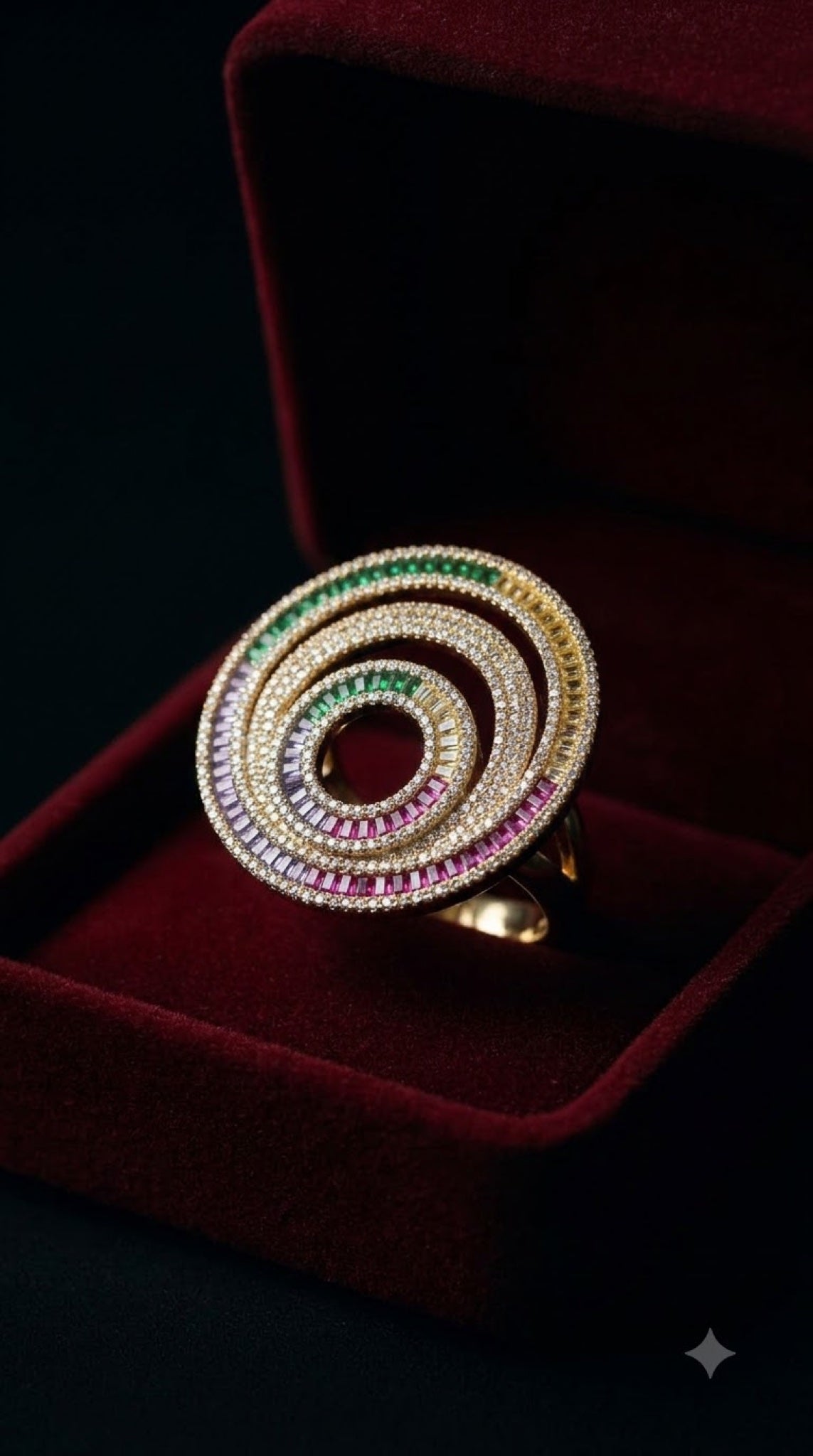 Gold-tone spiral disc cocktail ring with diamond-look crystals and coloured baguettes - view 2