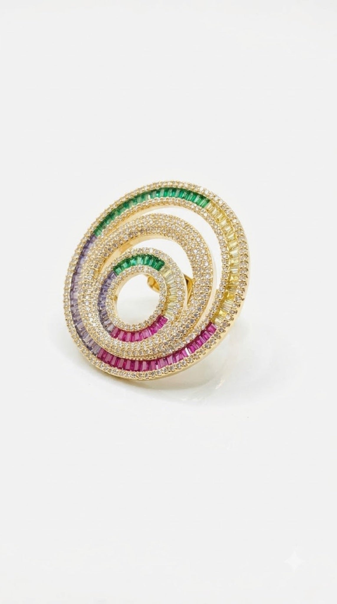 Gold-tone spiral disc cocktail ring with diamond-look crystals and coloured baguettes - view 3