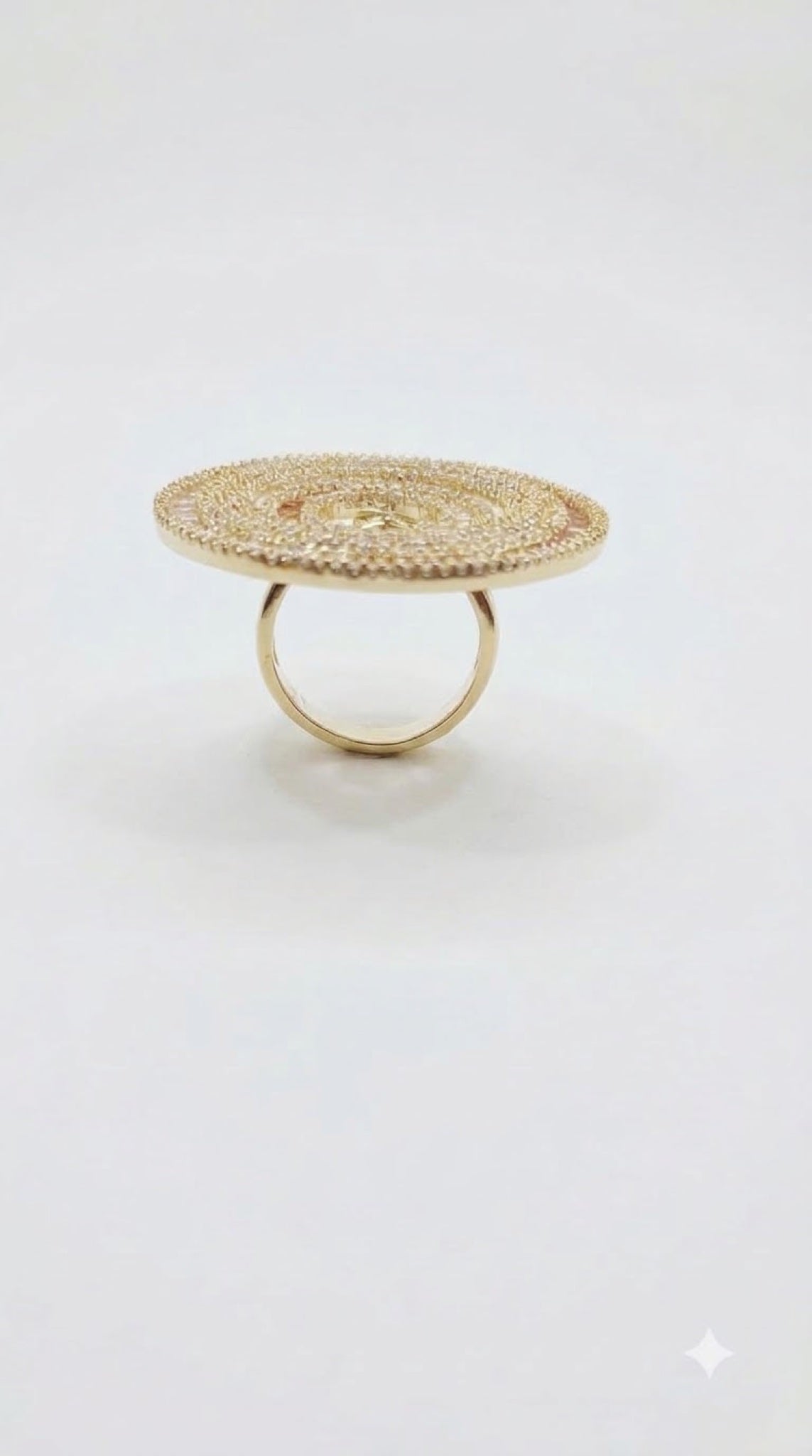 Gold-tone spiral disc cocktail ring with diamond-look crystals and coloured baguettes - view 6