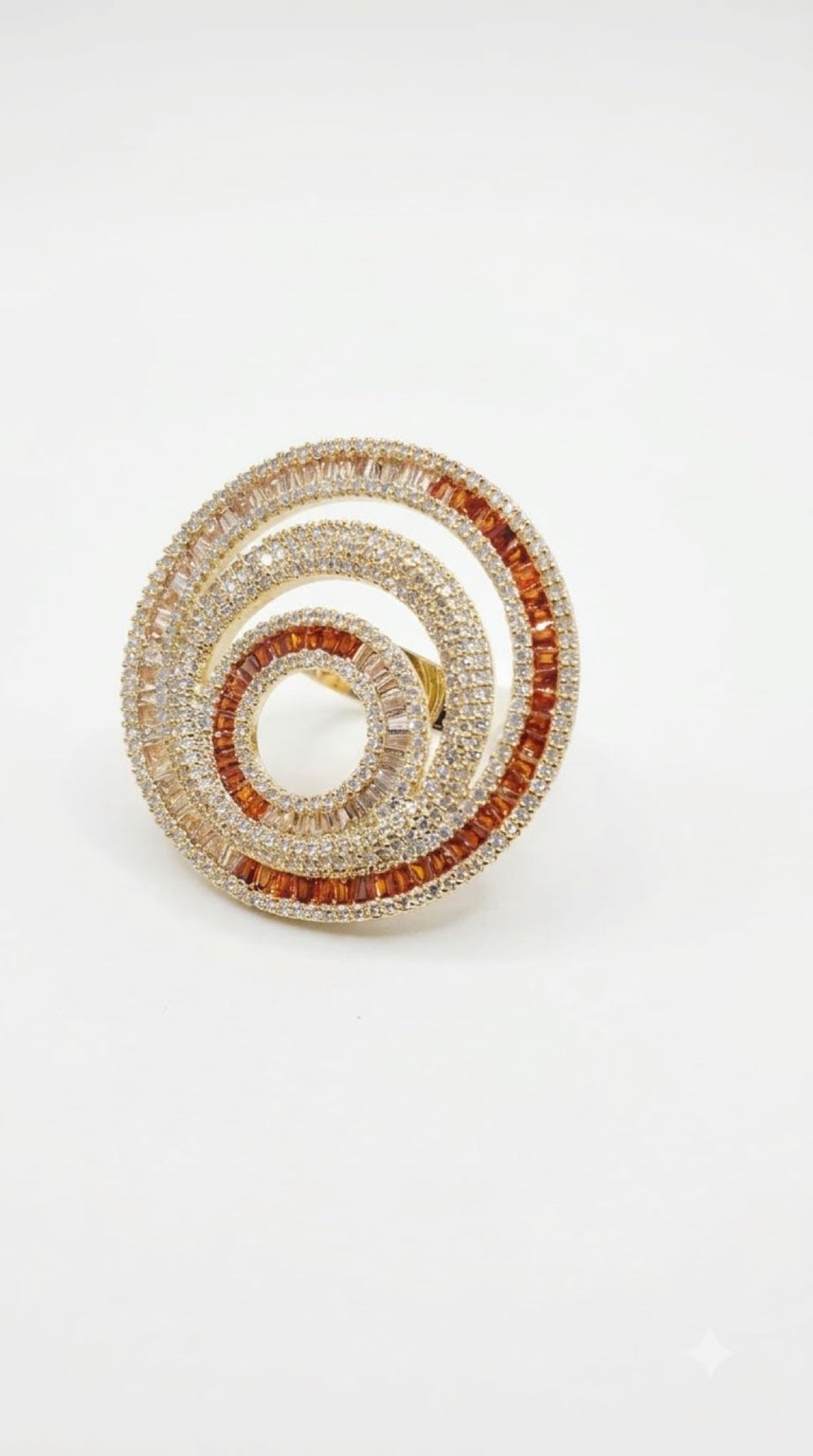 Gold-tone spiral disc cocktail ring with diamond-look crystals and coloured baguettes - view 7