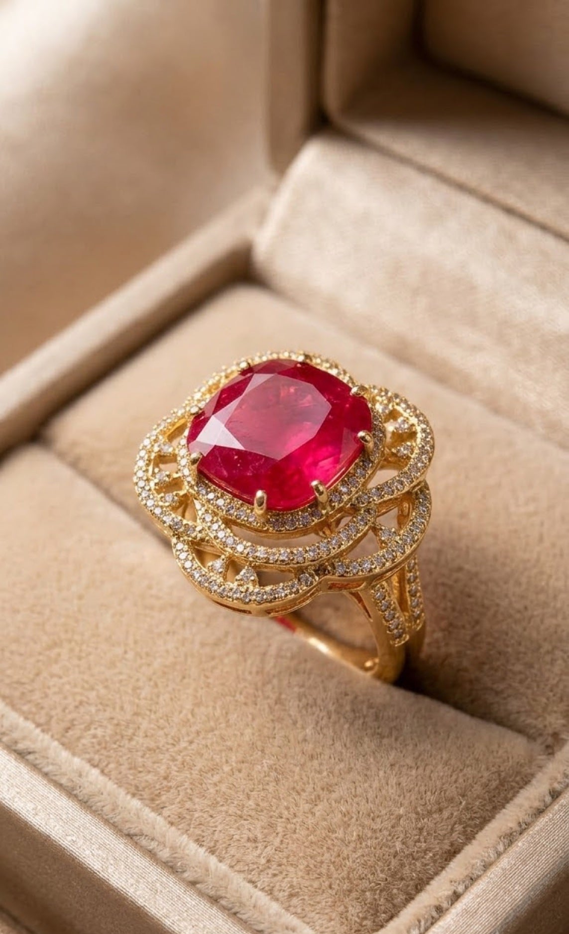 Gold-tone cocktail ring with cushion ruby-red crystal and openwork halo