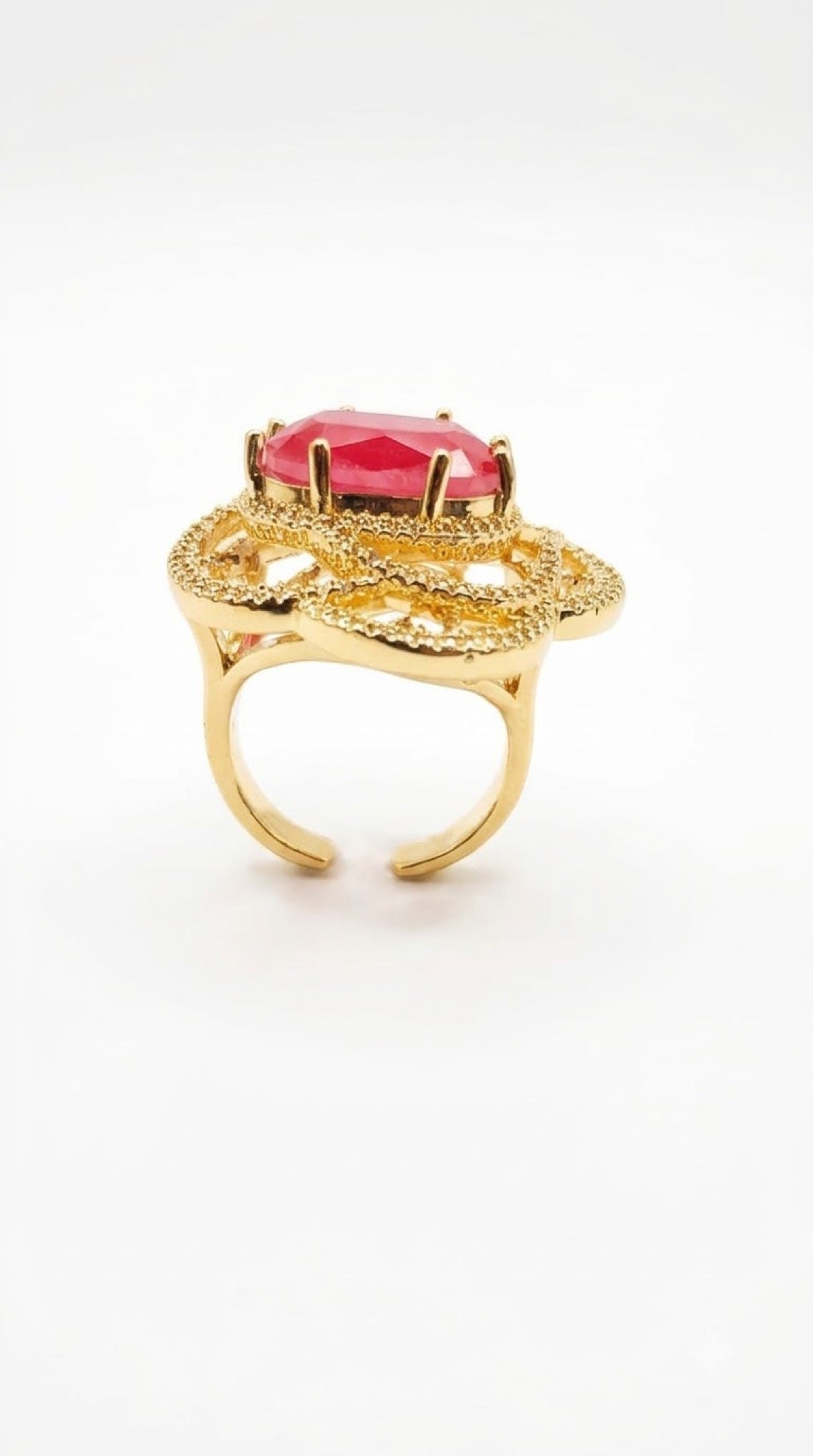 Gold-tone cocktail ring with cushion ruby-red crystal and openwork halo - view 2